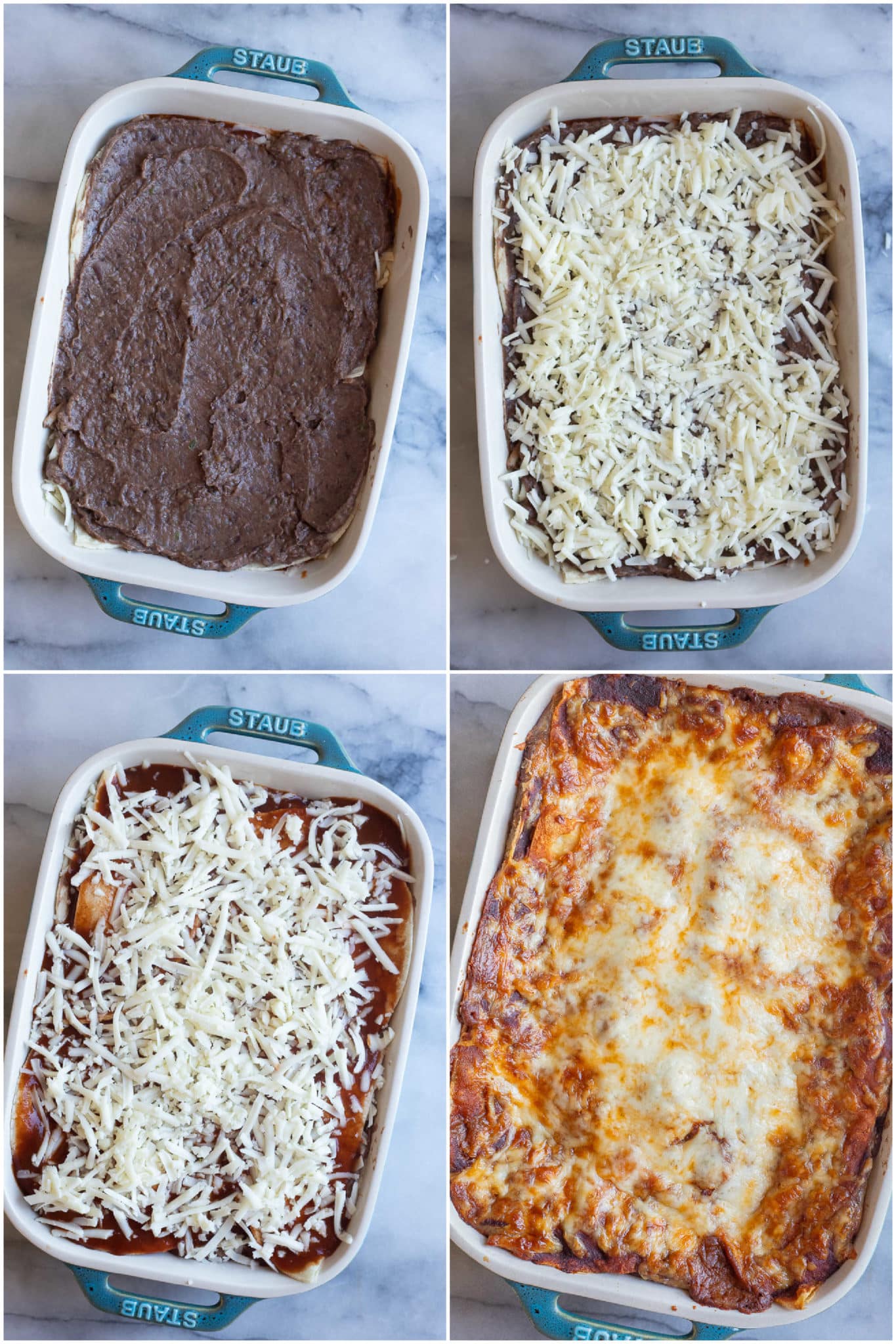 showing how to make a black bean enchilada casserole in a baking dish