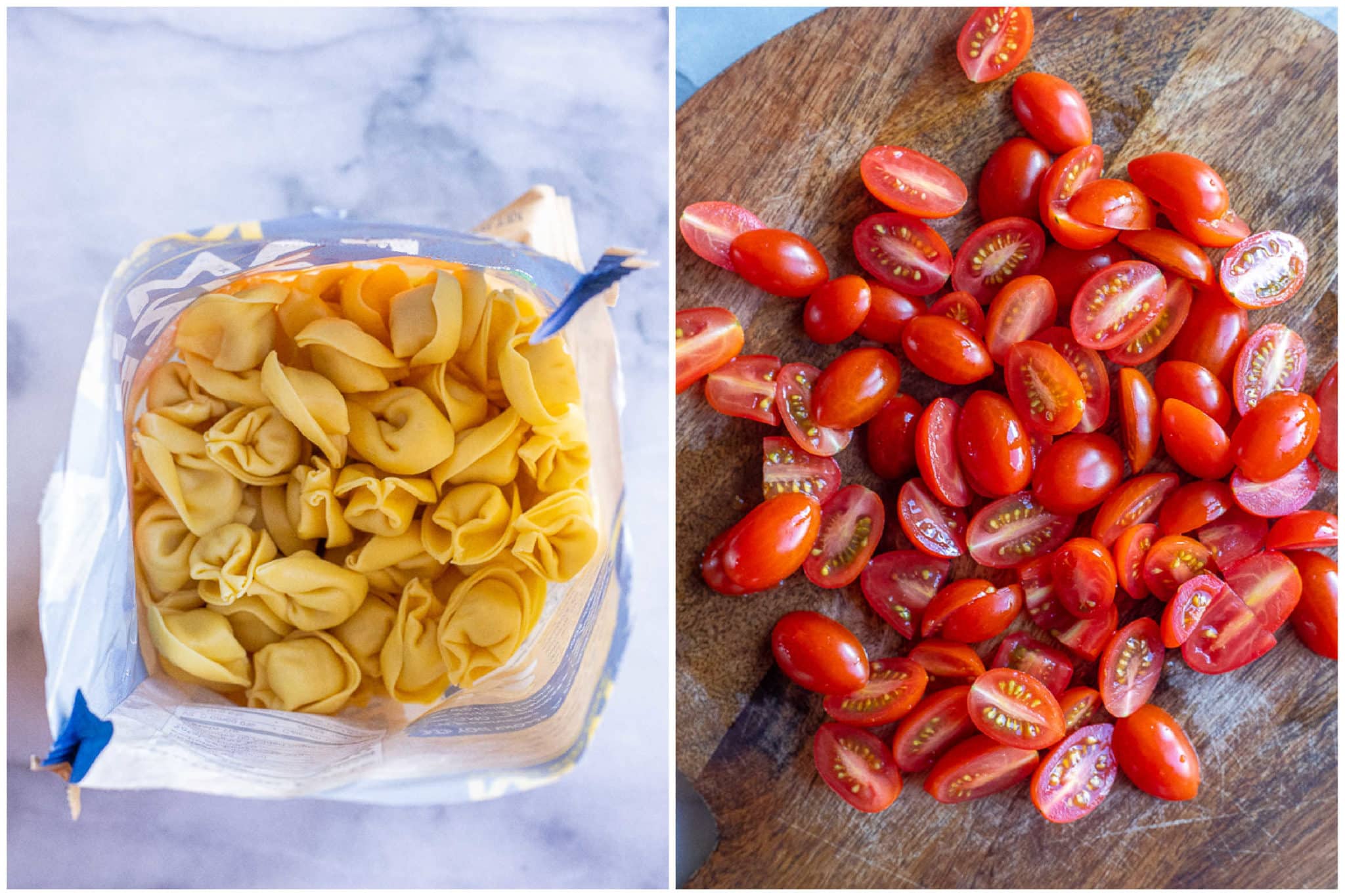 cheese tortellini in a bag and cherry tomatoes cut up on a cutting board
