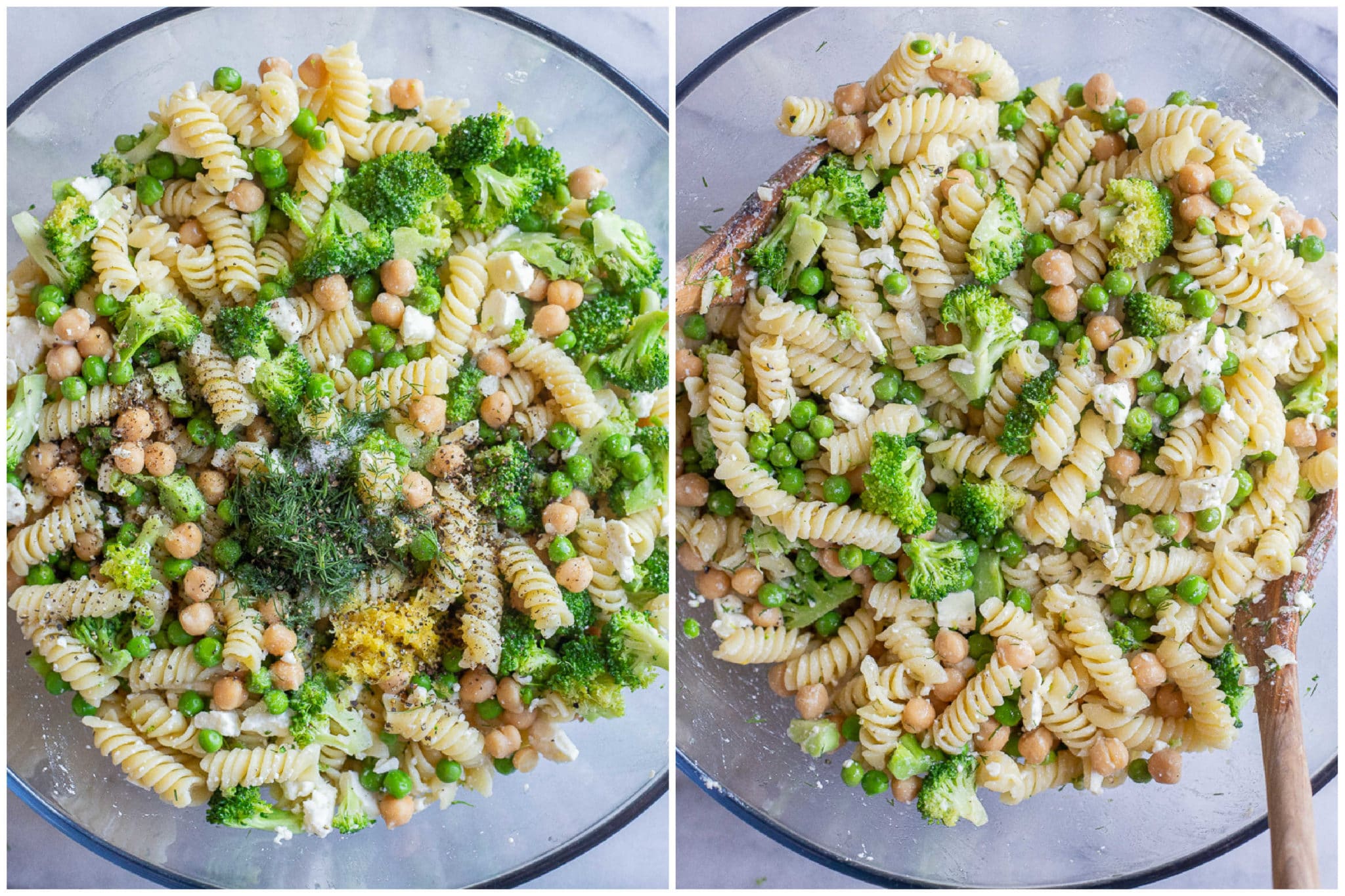 lemon dill pasta salad before and after it has been mixed up