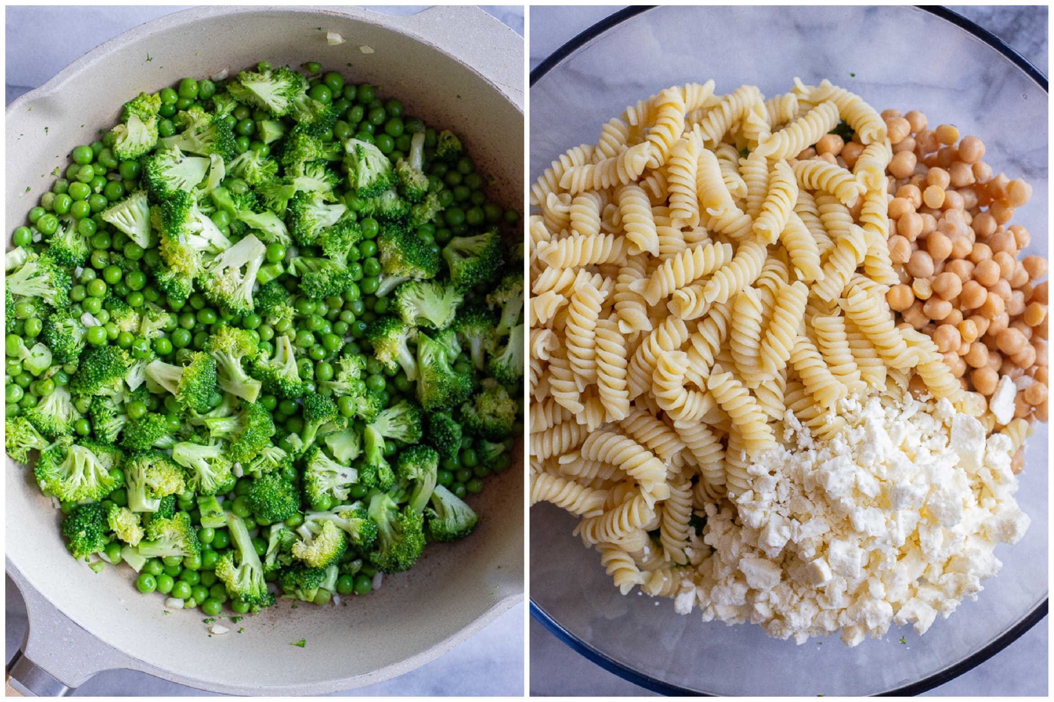showing how to prepare the broccoli and peas and a bowl of cooked pasta, chickpeas and feta cheese