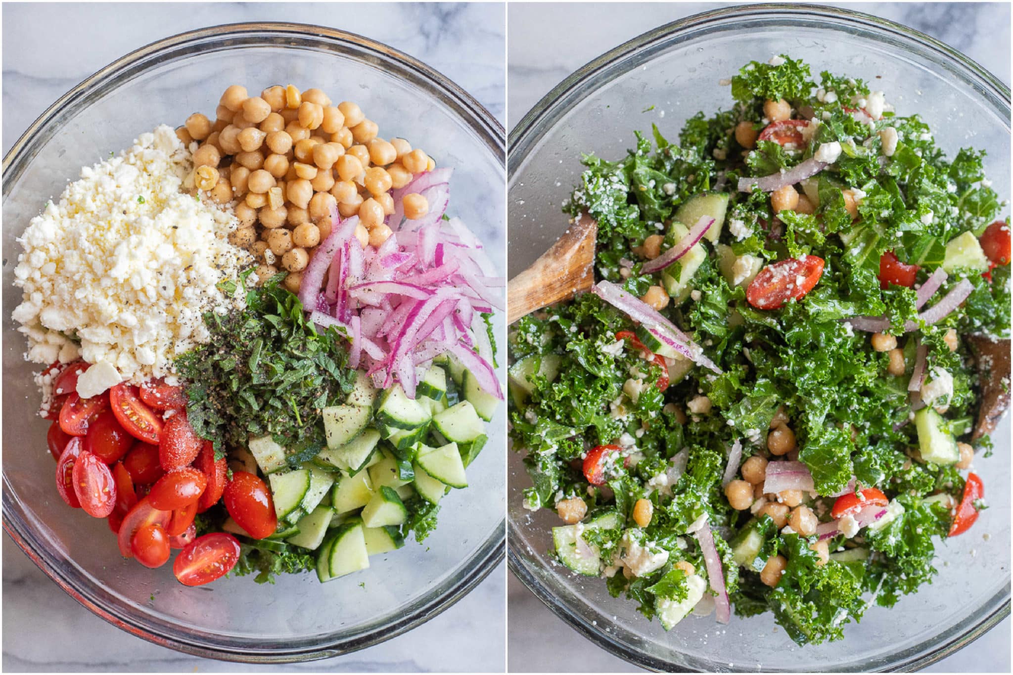 lemon kale salad ingredients in a bowl being mixed up