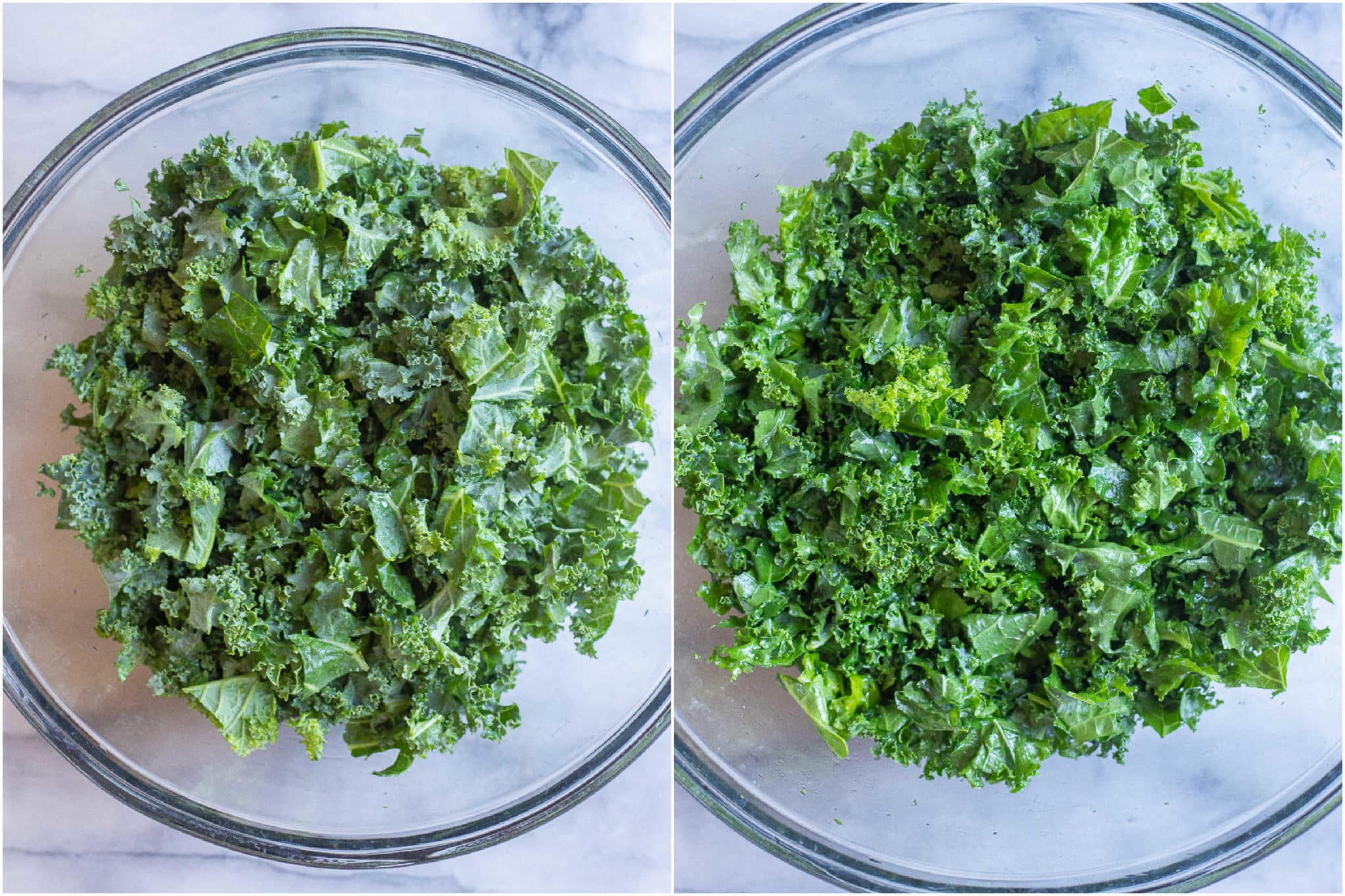 chopped kale in a bowl before and after it has been massaged