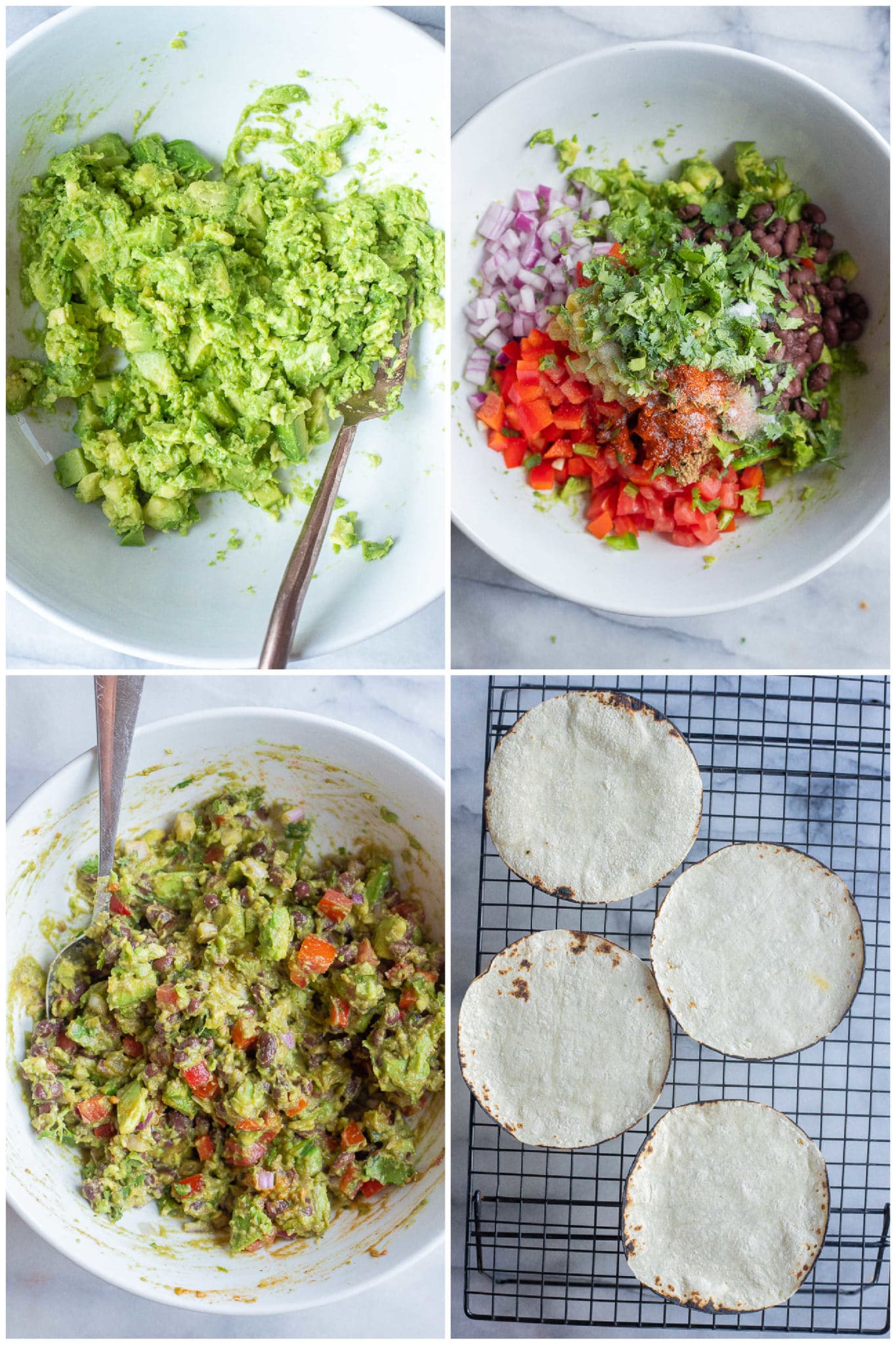 showing how to make loaded guacamole with corn tortillas