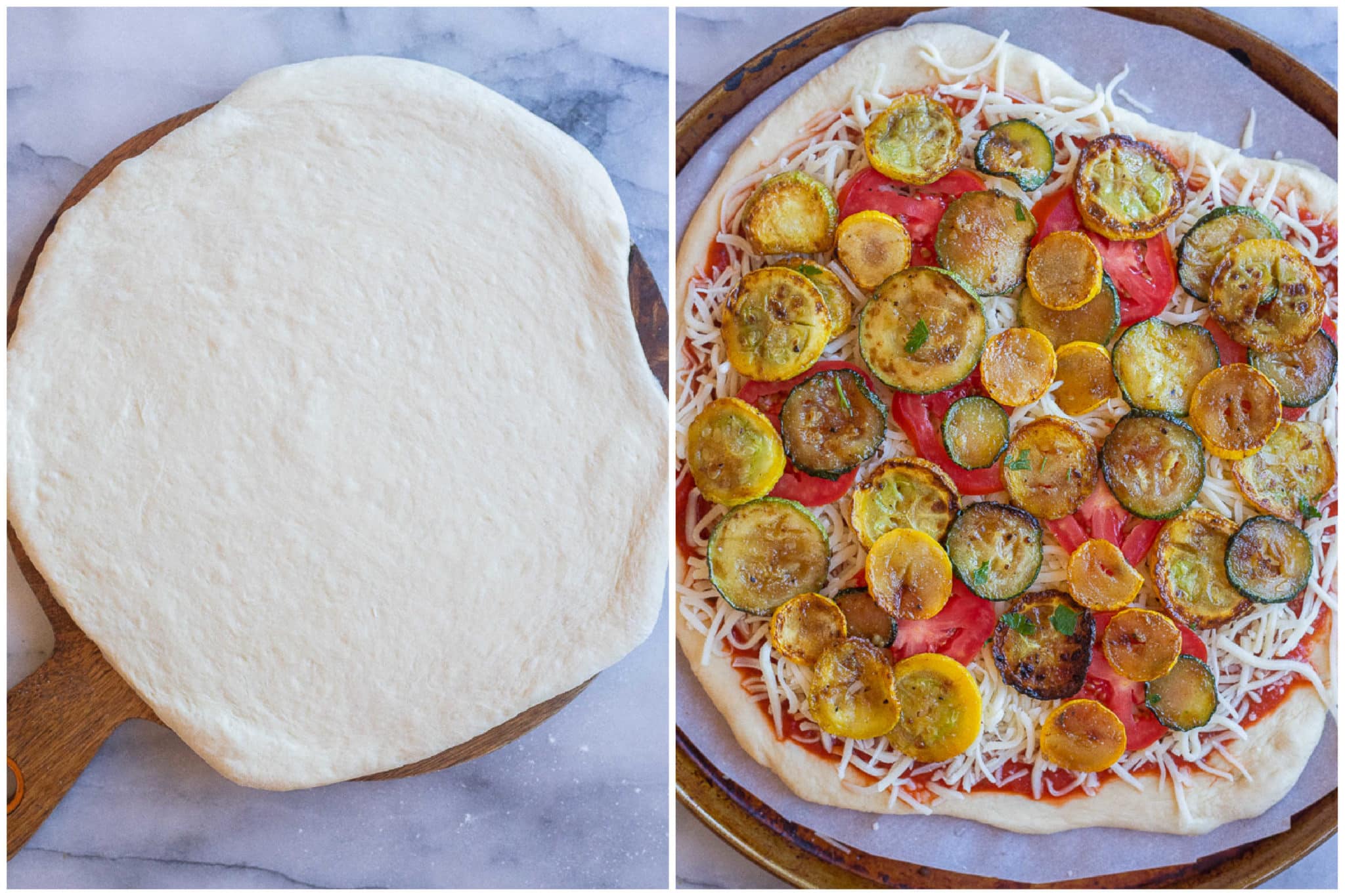 pizza dough rolled out on a cutting board with tomatoes and summer squash