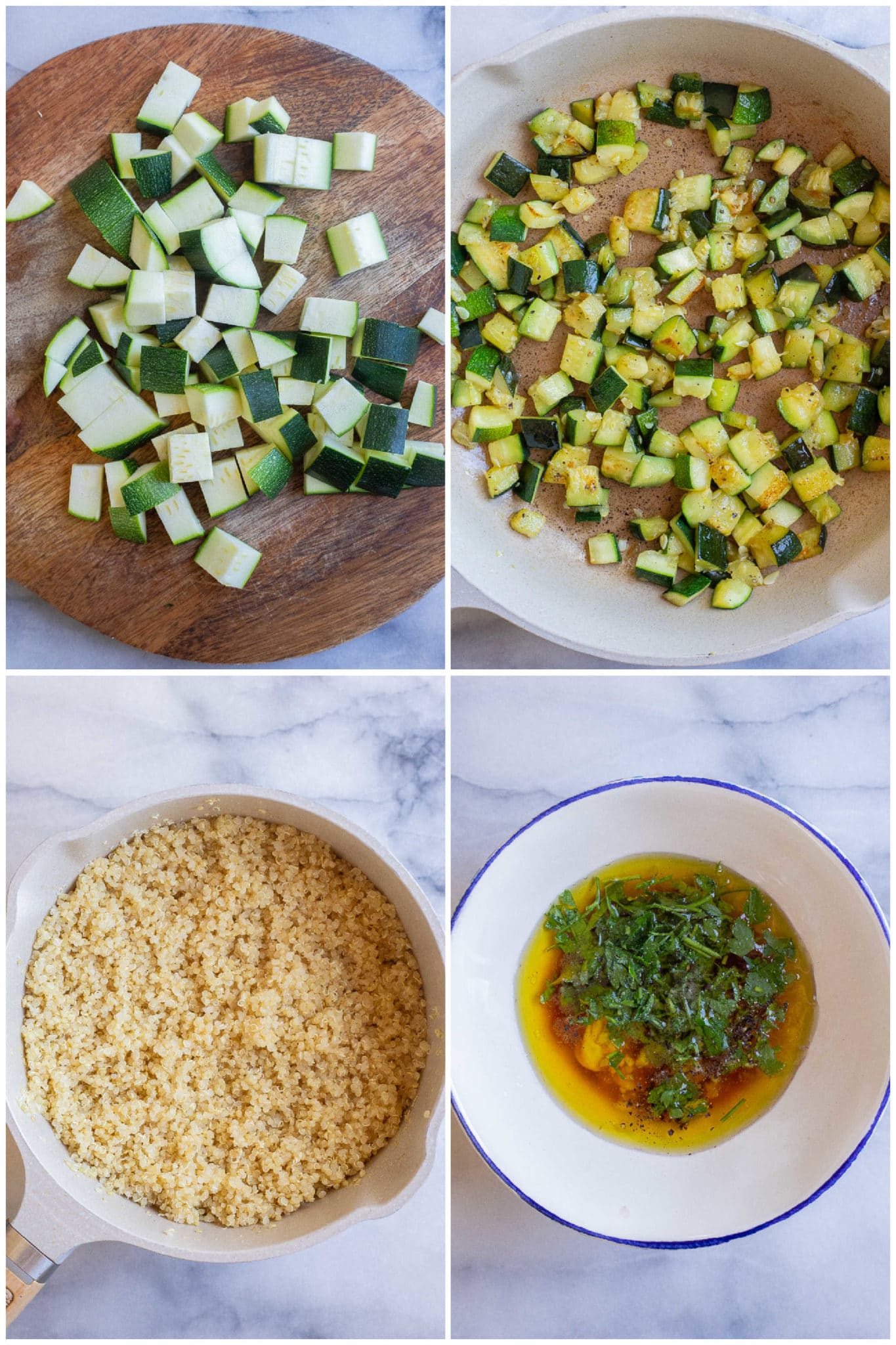 showing how to prep the zucchini, quinoa and salad dressing for this quinoa salad recipe