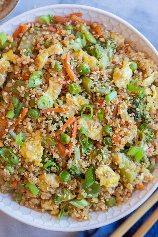 close up of a big bowl of quinoa fried rice
