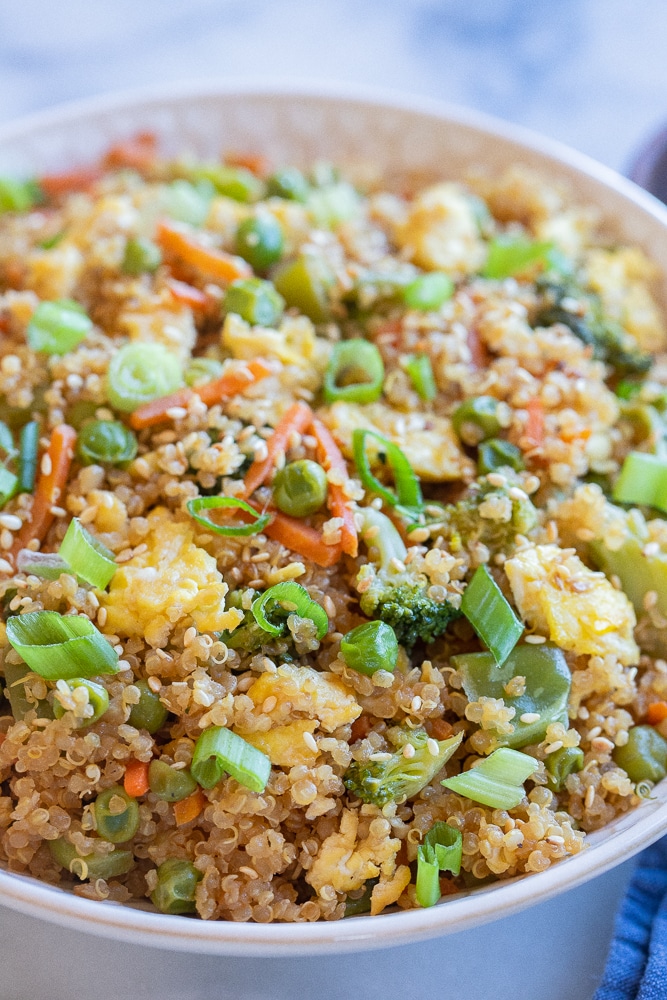 close up of a bowl of quinoa fried rice