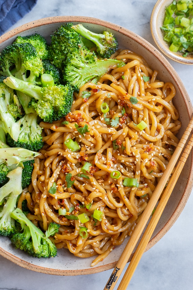 bowl of sweet and spicy teriyaki noodles with broccoli