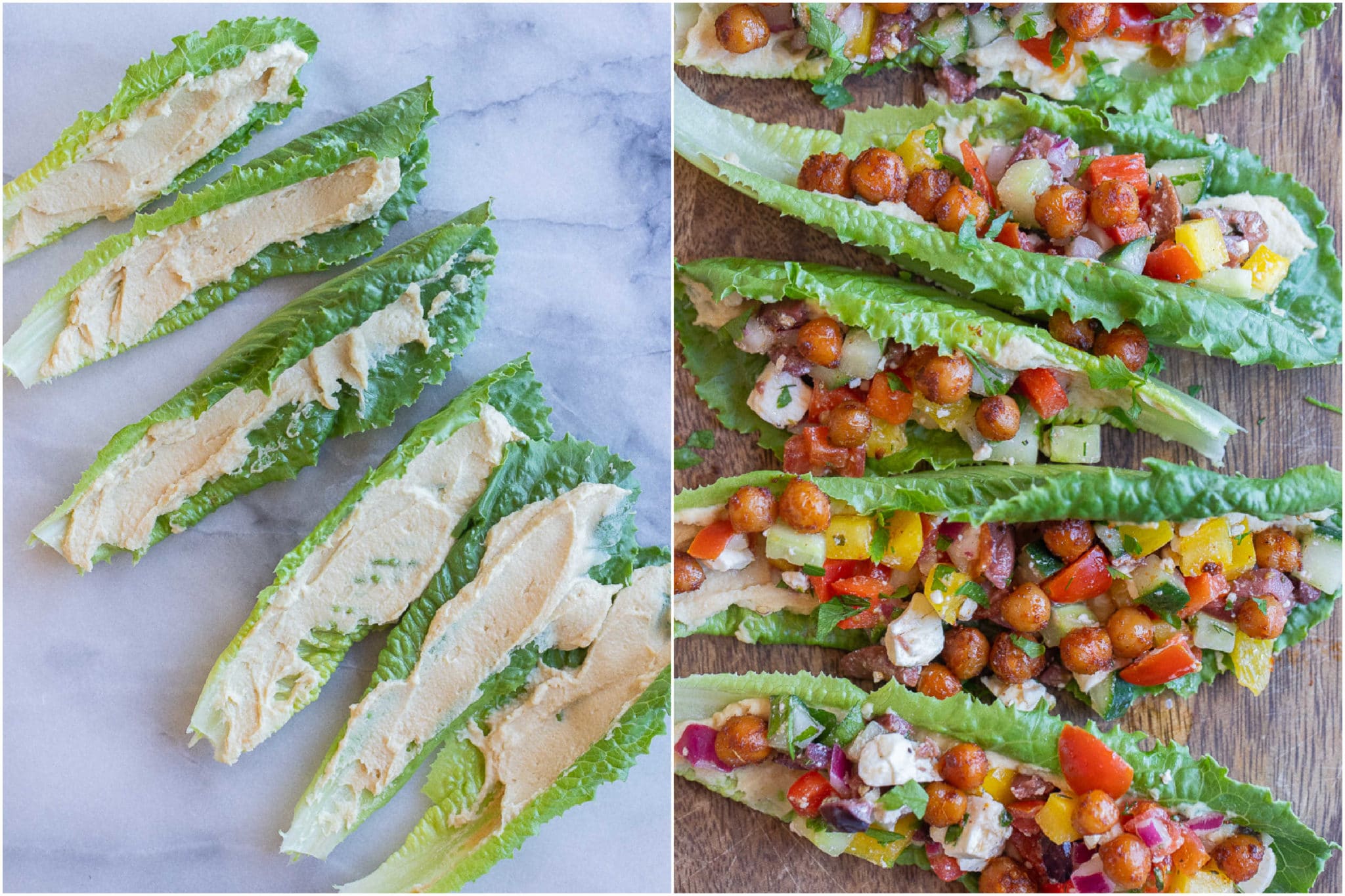 lettuce wraps being prepared with hummus, salad and chickpeas