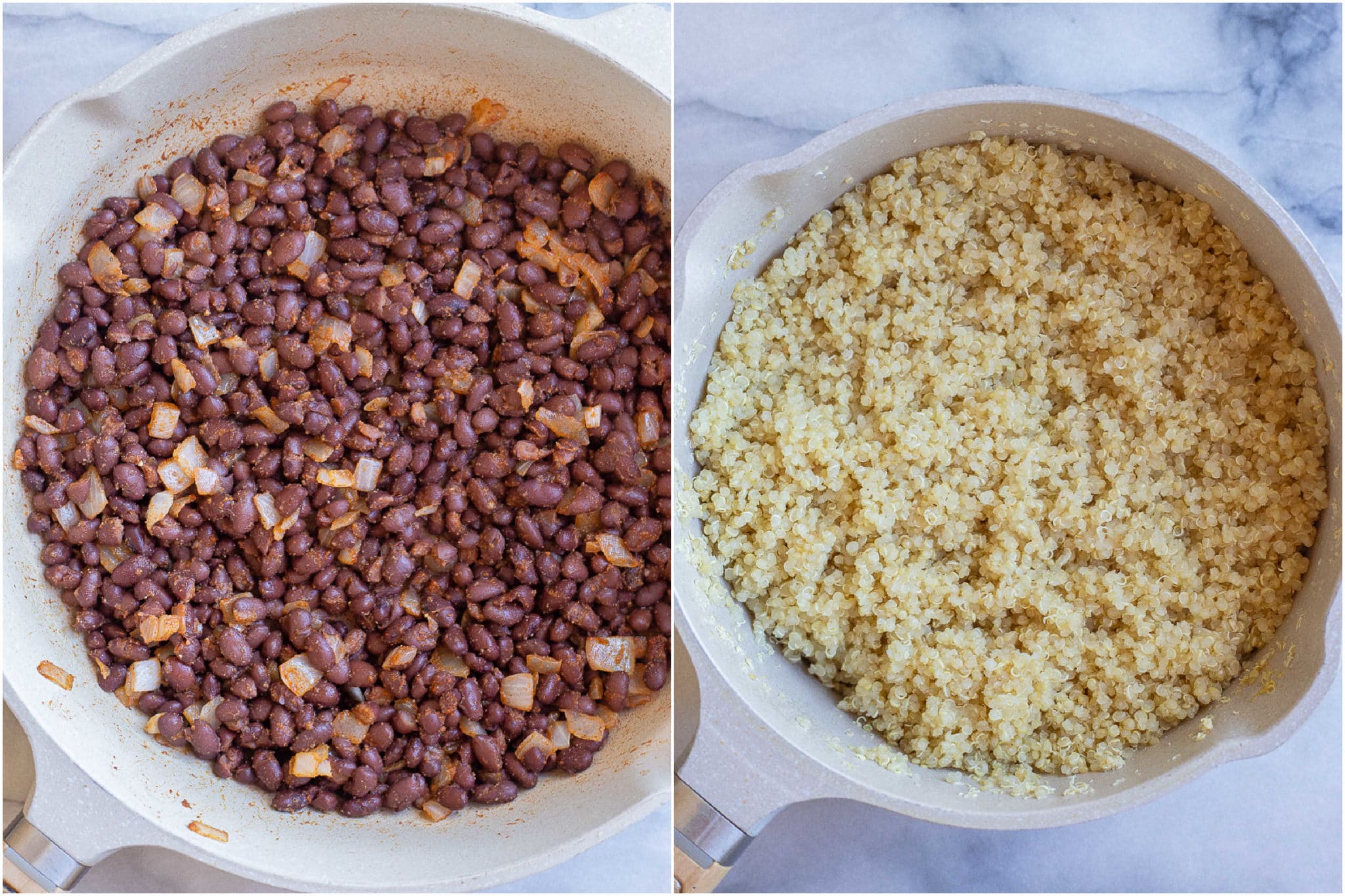 cooked black beans and quinoa that have been prepared for these protein packed bowls