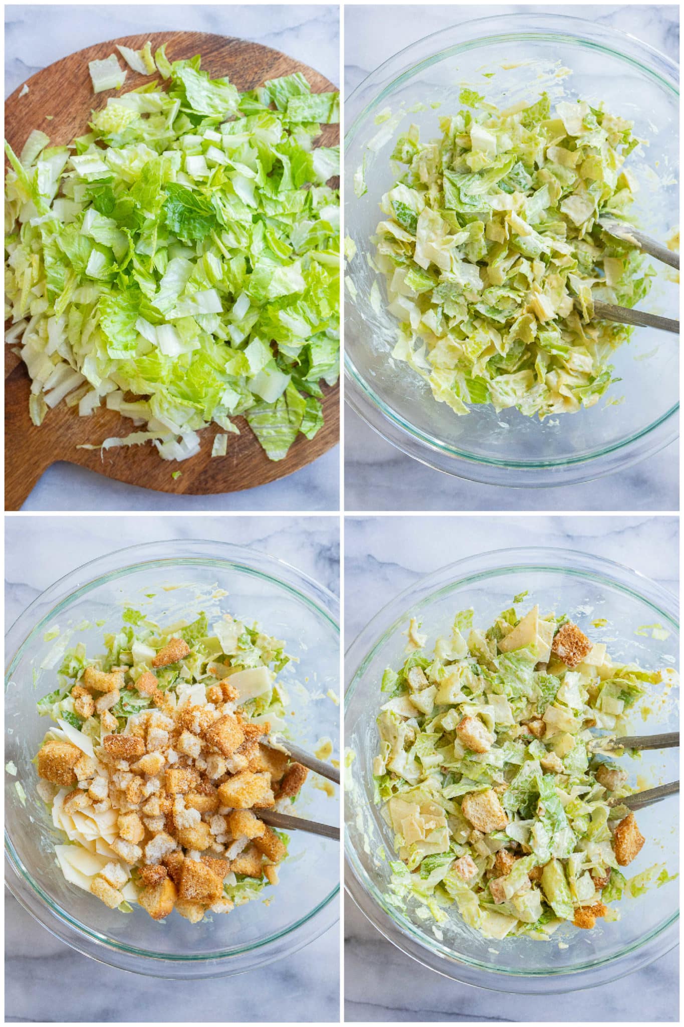 romaine lettuce chopped up and added to a bowl with caesar dressing, parmesan cheese and croutons