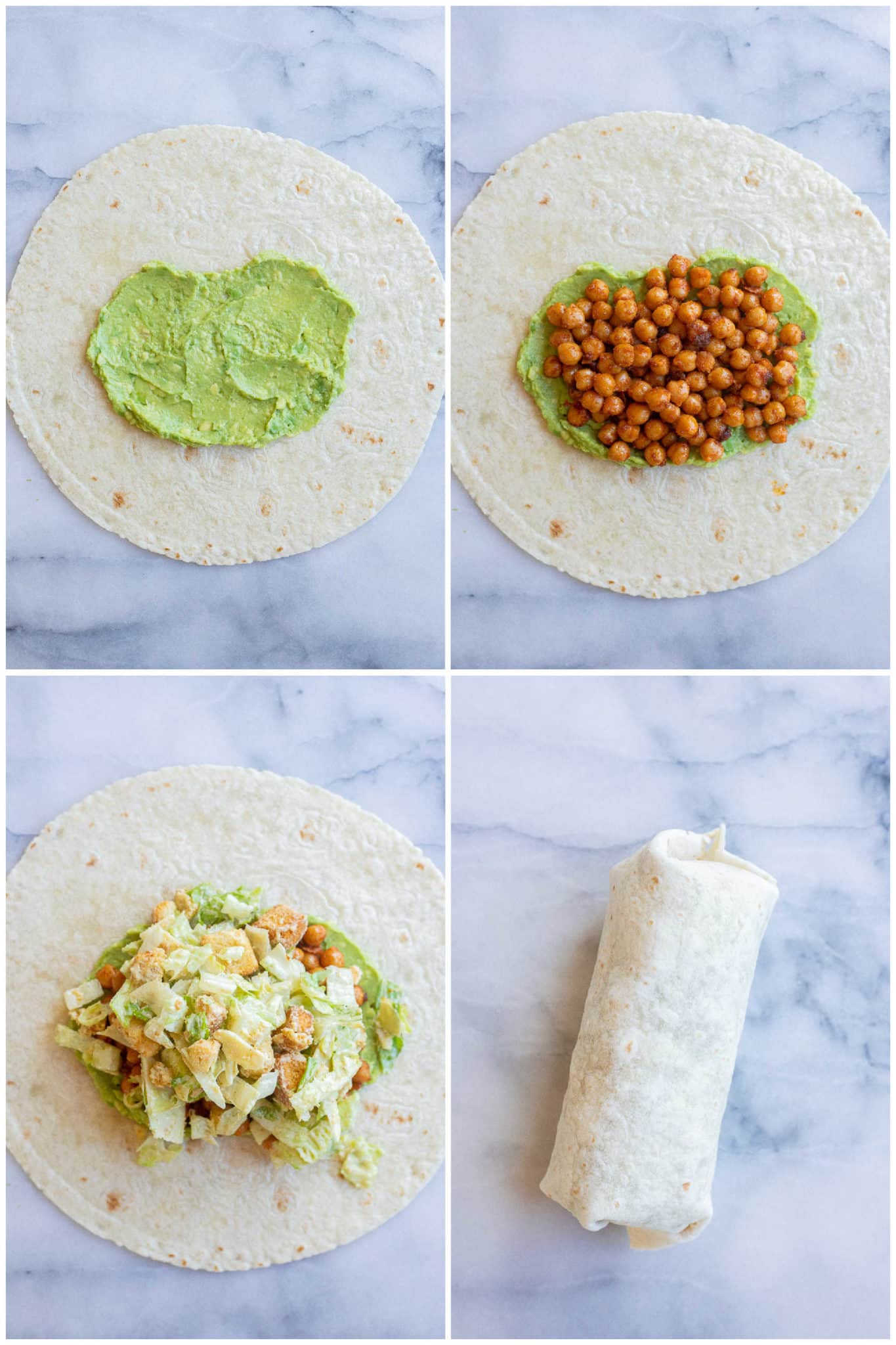showing how to put together and roll a chickpea Caesar salad wrap in a tortilla