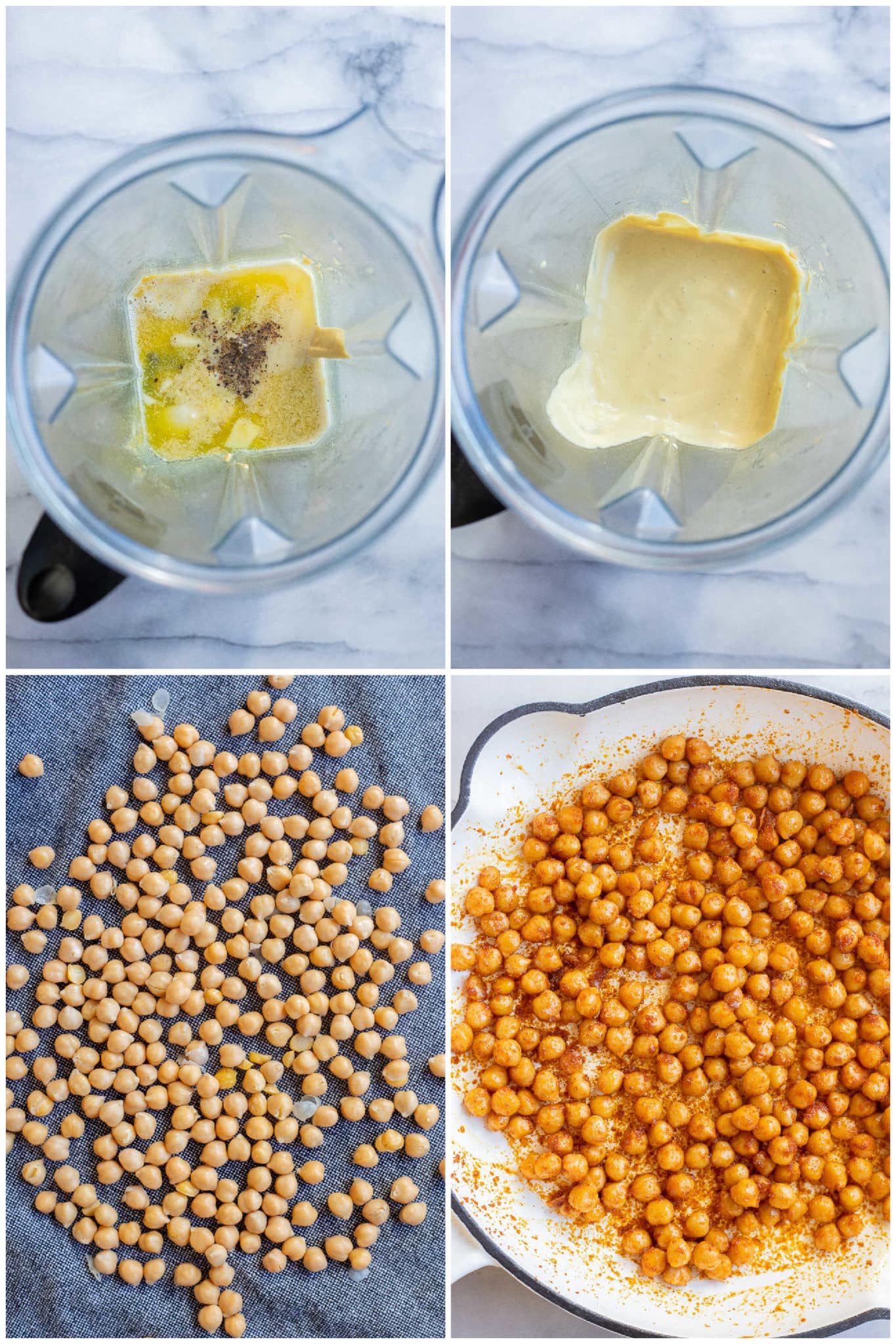 showing how to make tahini caesar dressing and crispy seasoned chickpeas