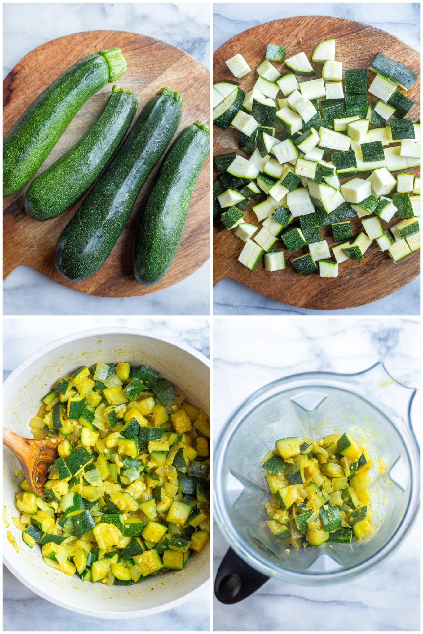 showing how to prepare the zucchini for this creamy curried zucchini soup.