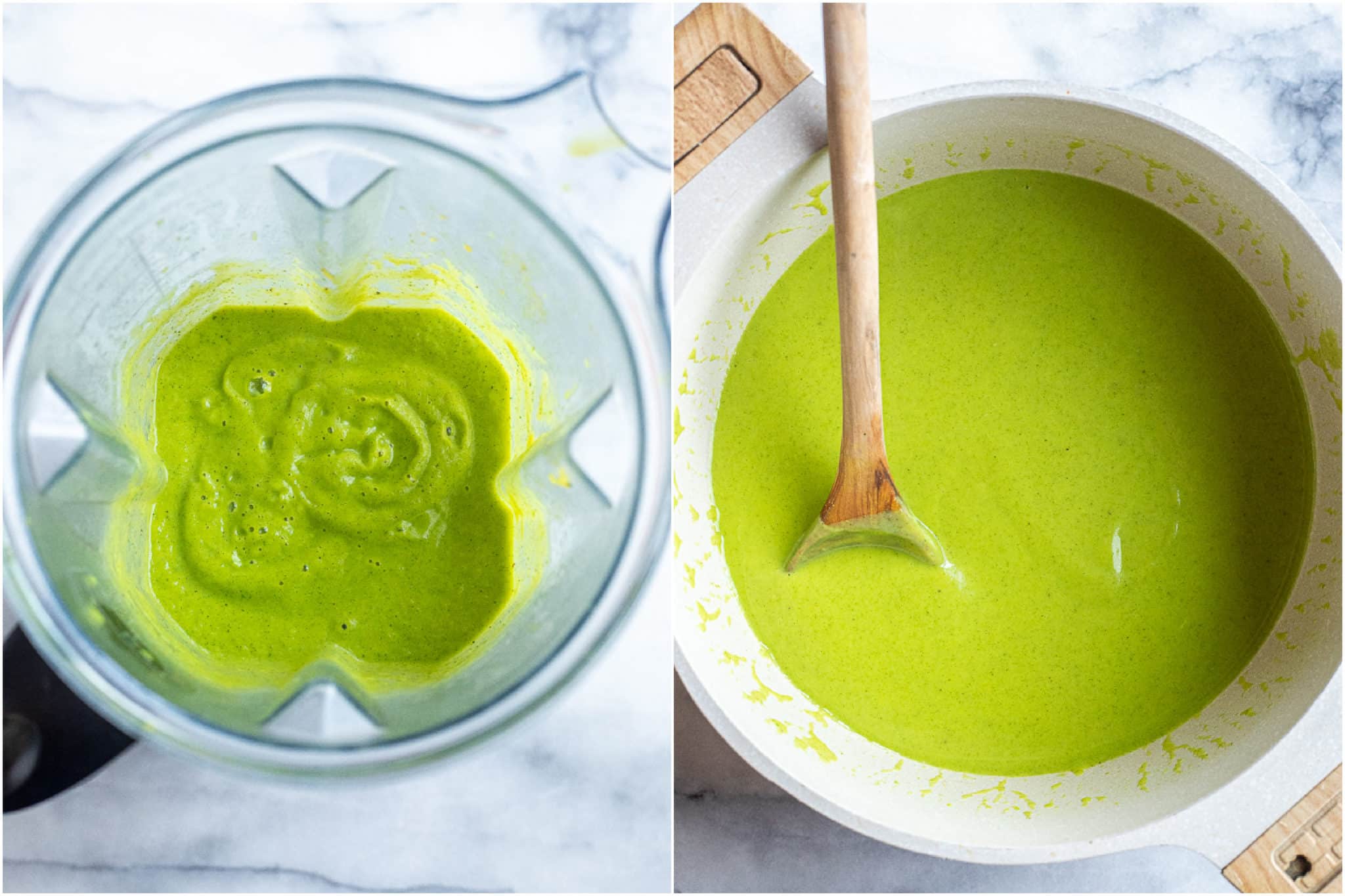 zucchini soup in a blender and in a pot with added coconut milk