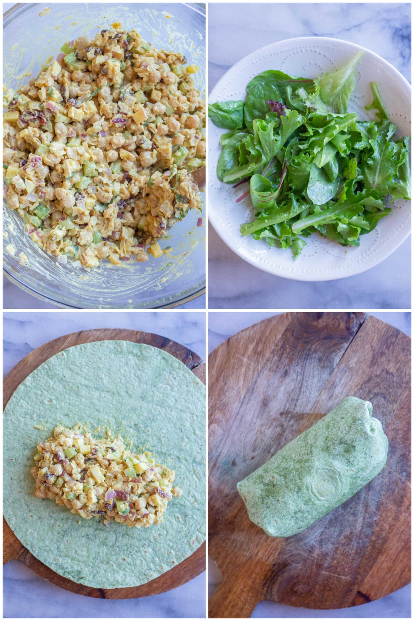 showing how to assemble a curried chickpea salad wrap