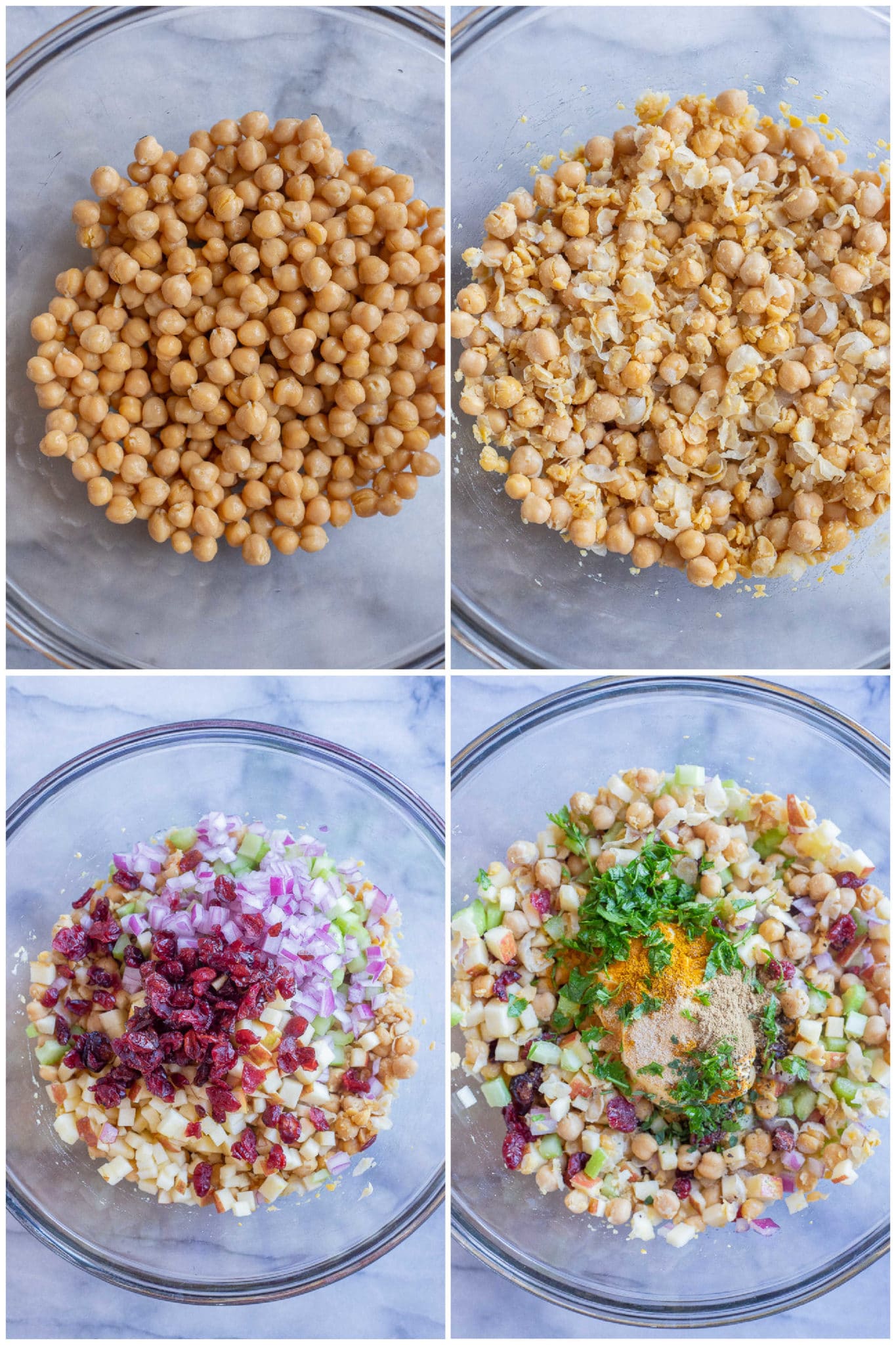 showing how to make curried chickpea salad with all the ingredients