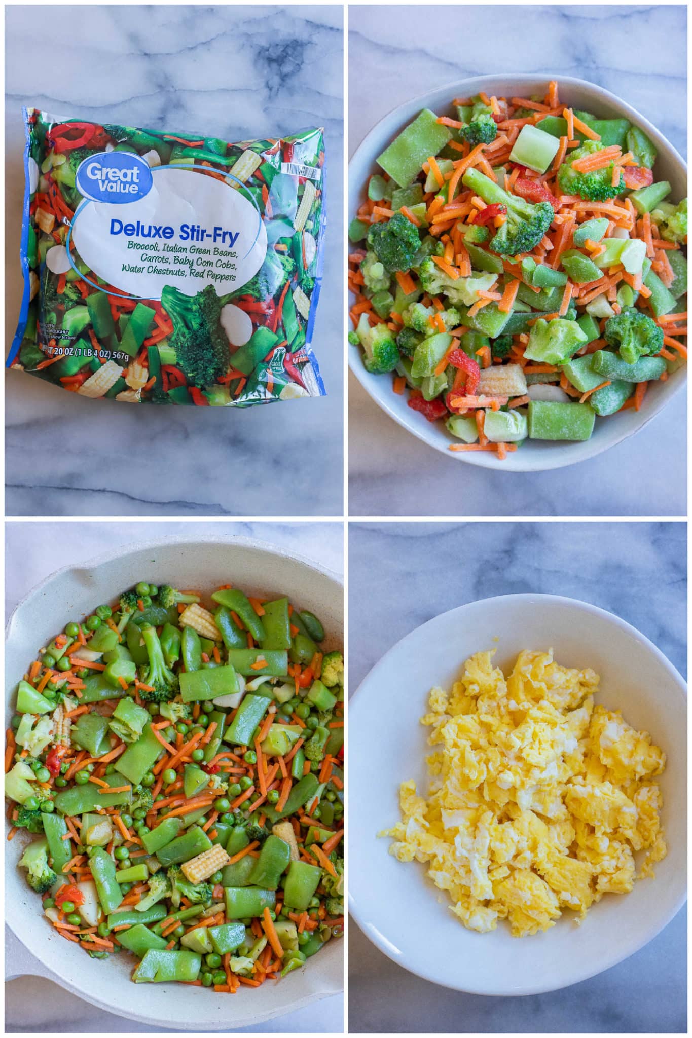 showing how to prepare the frozen vegetables and scrambled eggs