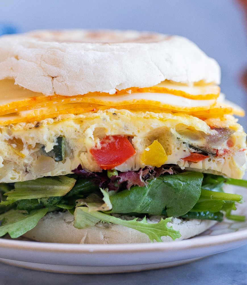 close up of a frittata breakfast sandwich