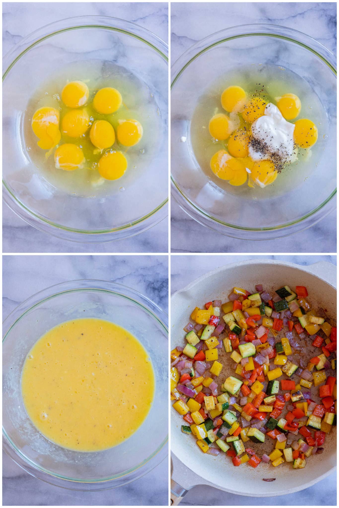 showing how to make a frittata breakfast sandwich with eggs and vegetables