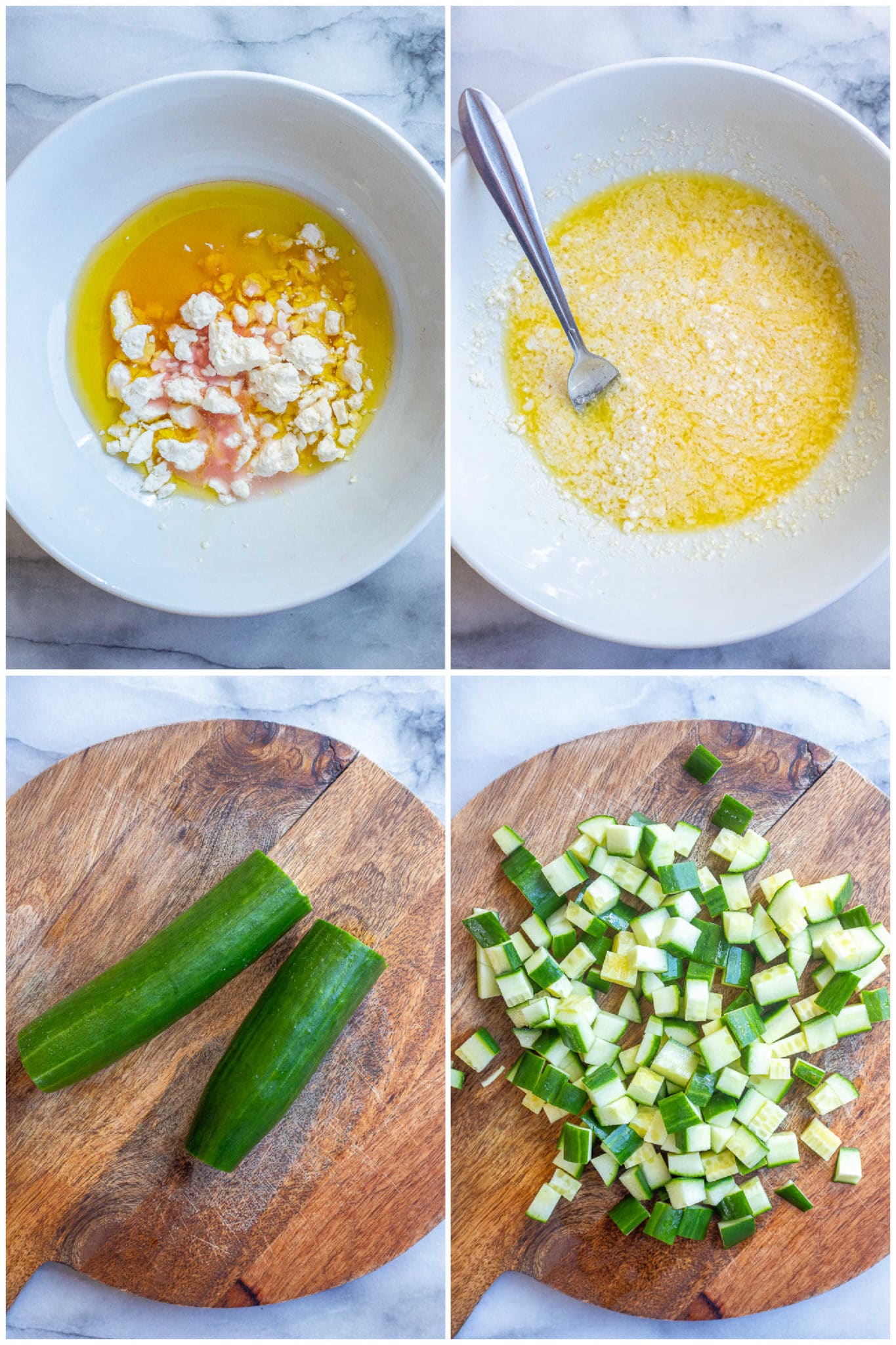 showing how to make the lemon feta dressing and dice up the cucumbers