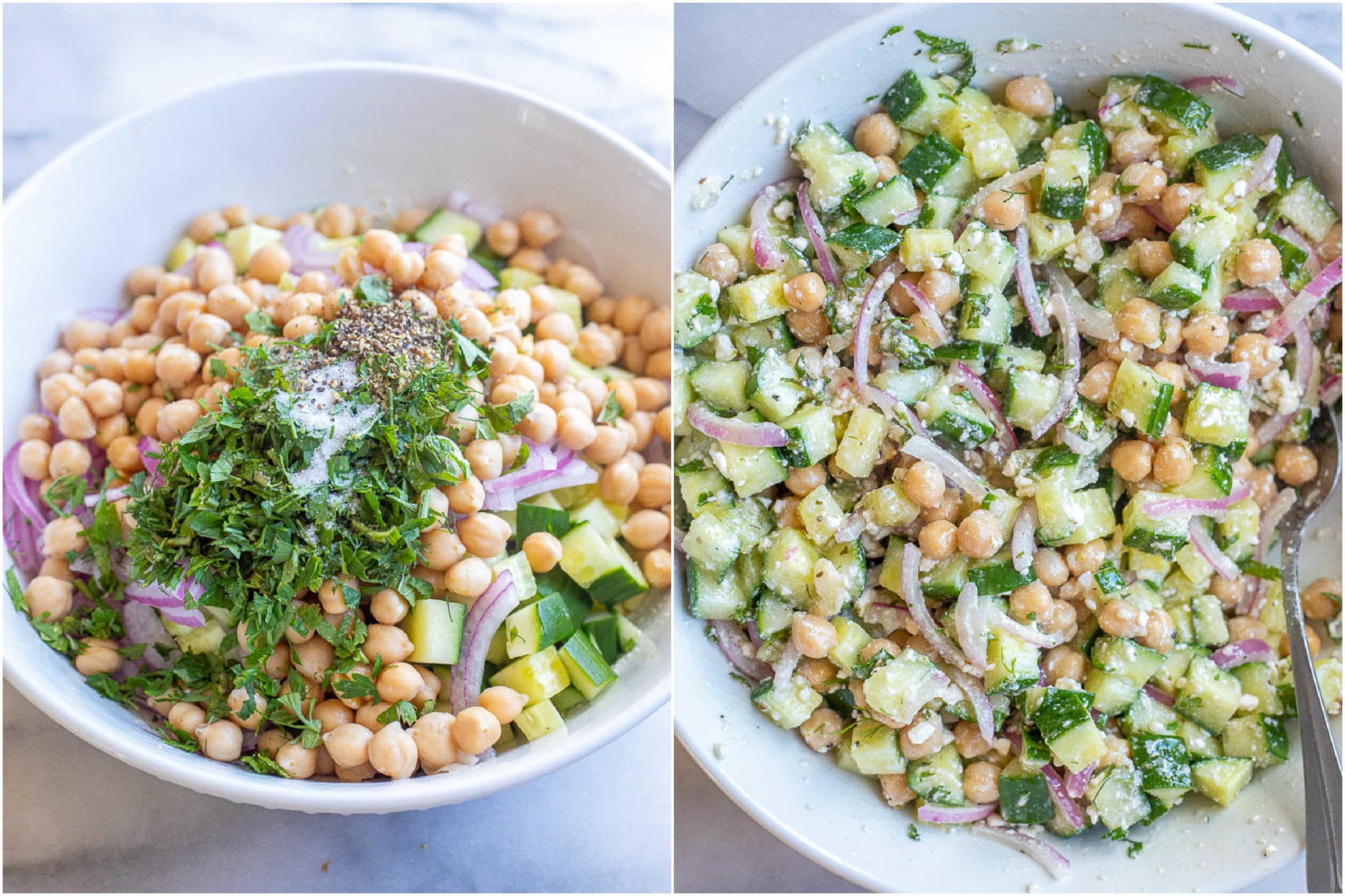 lemon feta cucumber salad with chickpeas in a mixing bowl