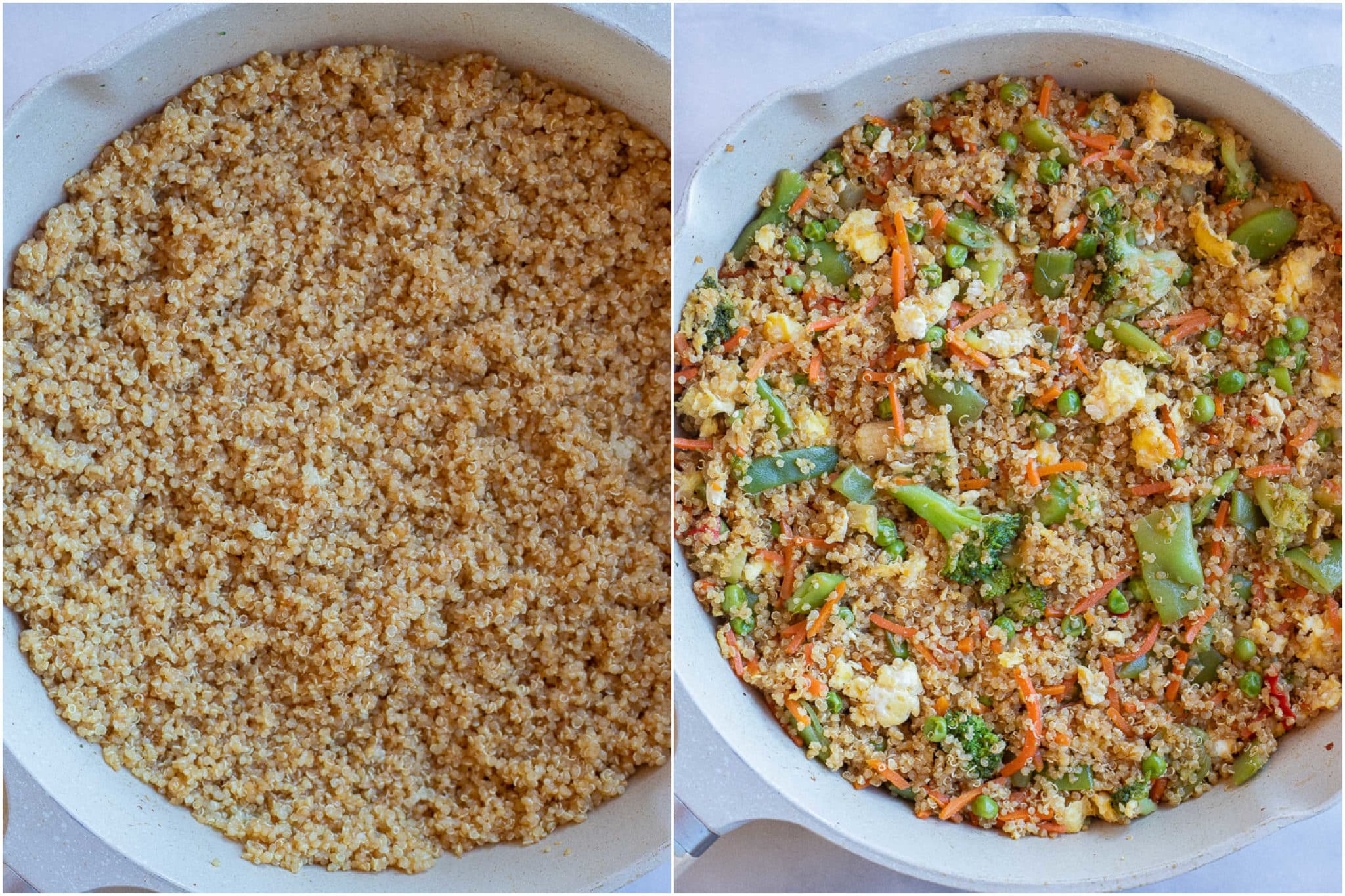 quinoa cooking in a pan and then a pan full of quinoa fried rice