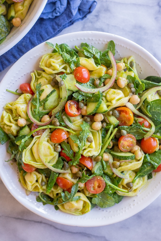 big bowl of summer tortellini salad with garlic herb dressing