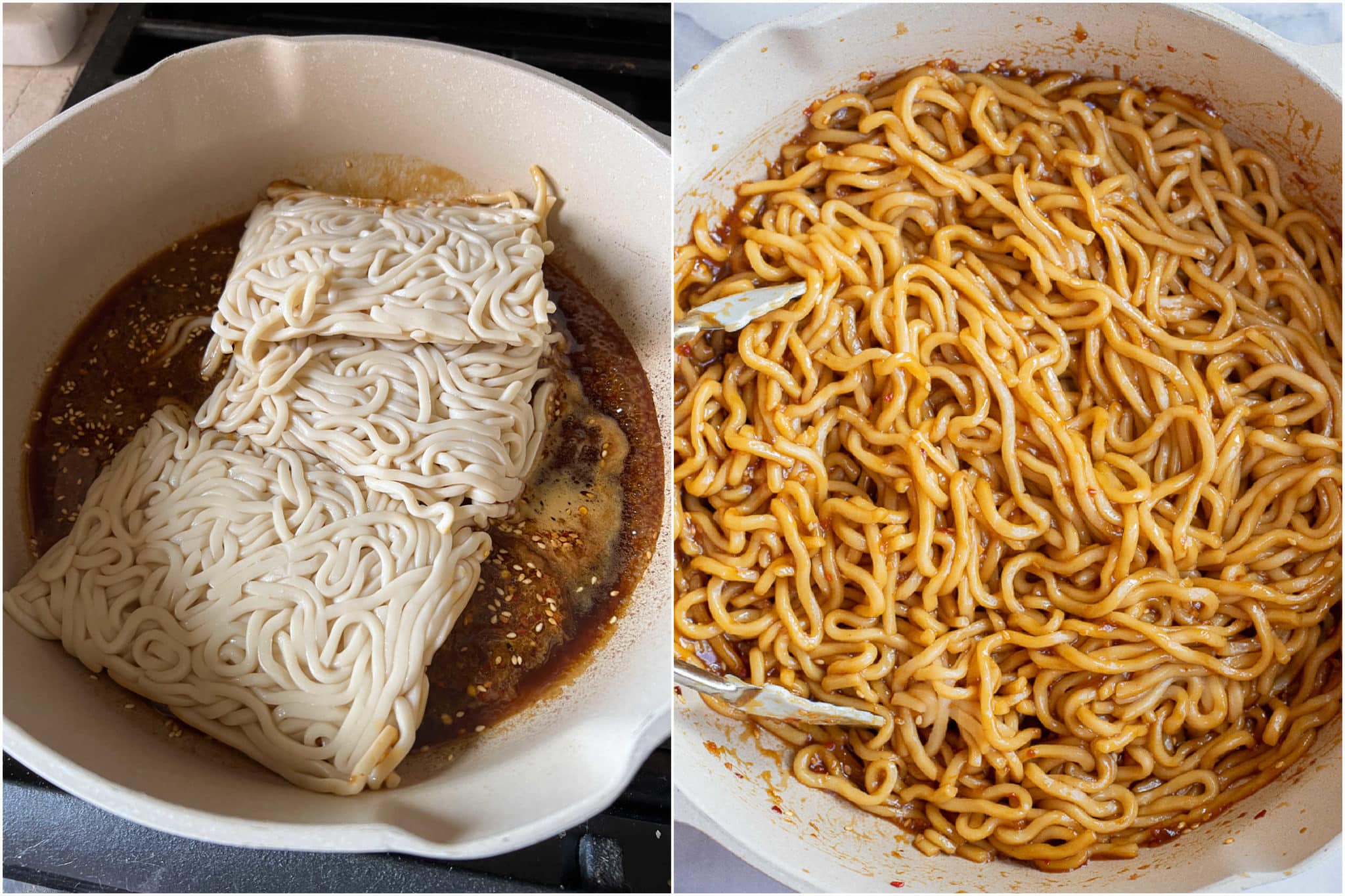 showing how to make stir fry noodles in a pan