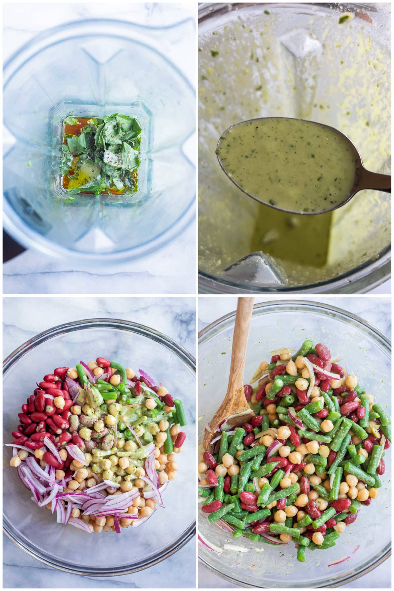 showing how to make the basil vinaigrette and mix it into the three bean salad