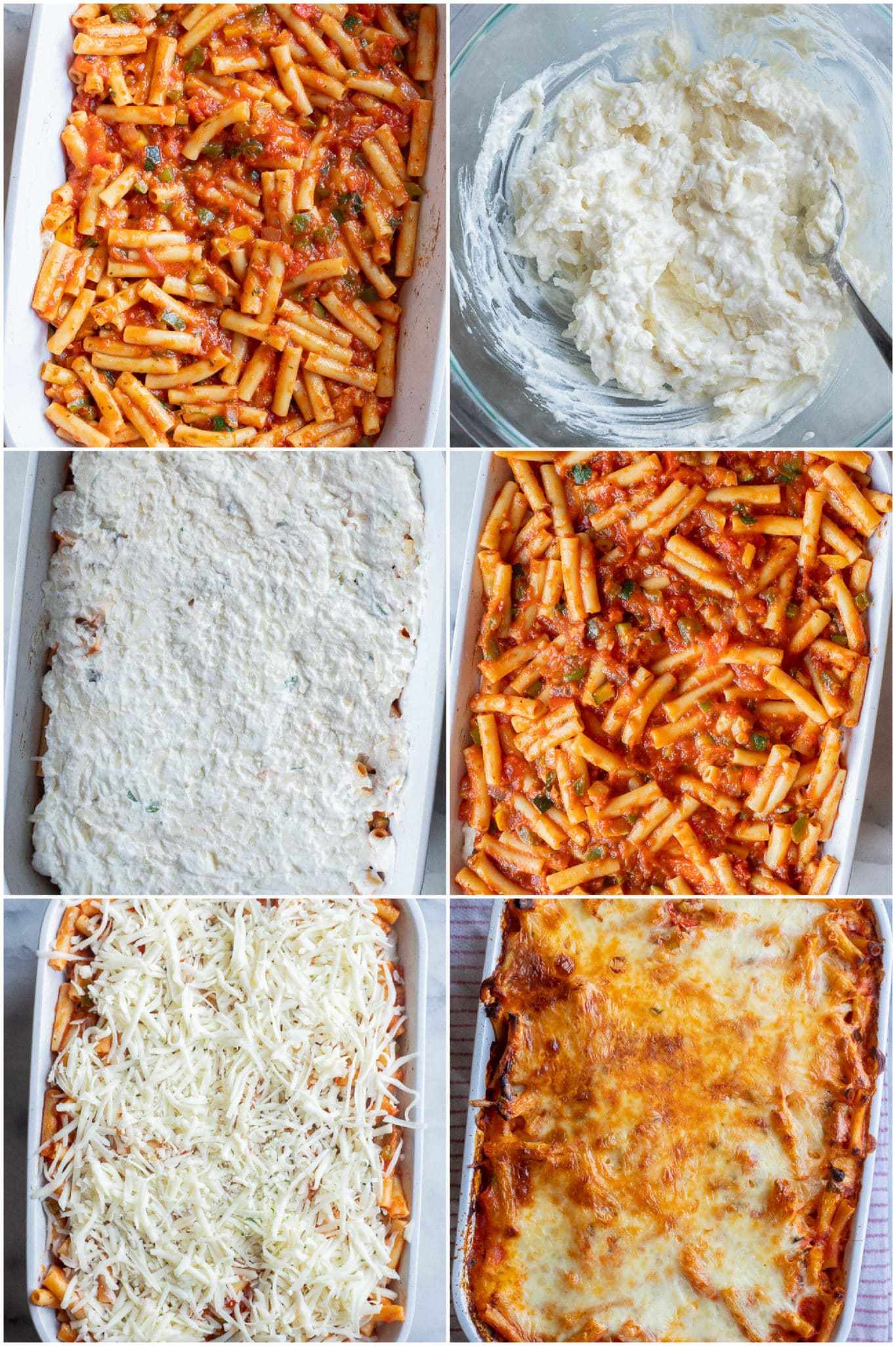 showing how to assemble a baked ziti recipe using cottage cheese