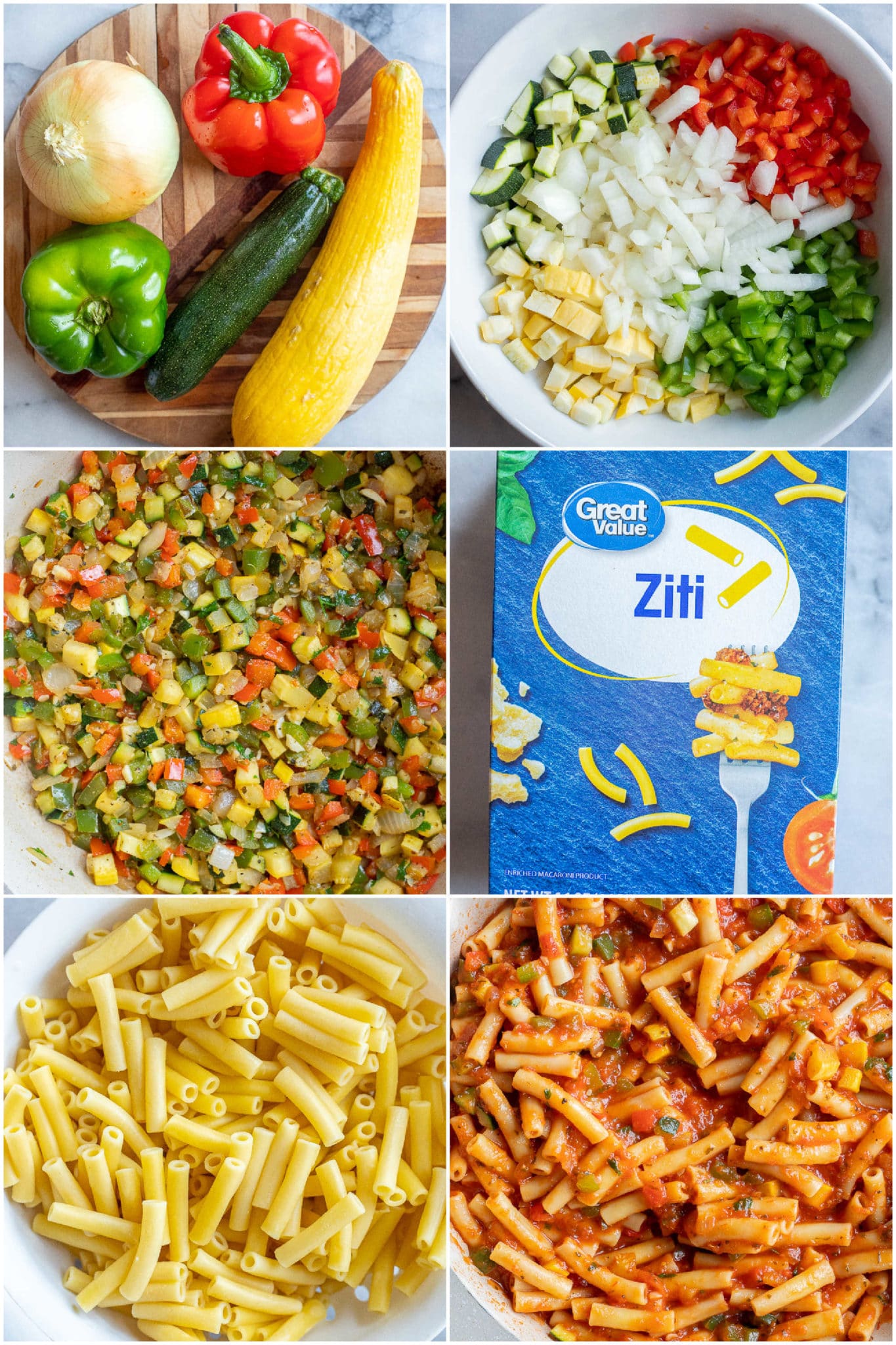 showing how to make vegetarian baked ziti with vegetables and pasta