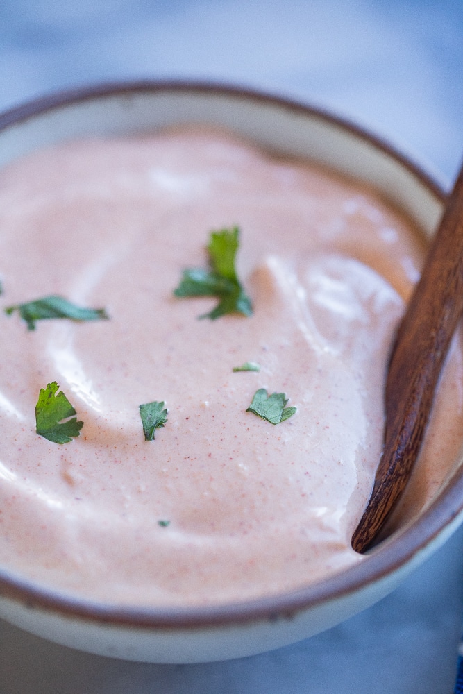 close up of a bowl of the best fish taco sauce recipe