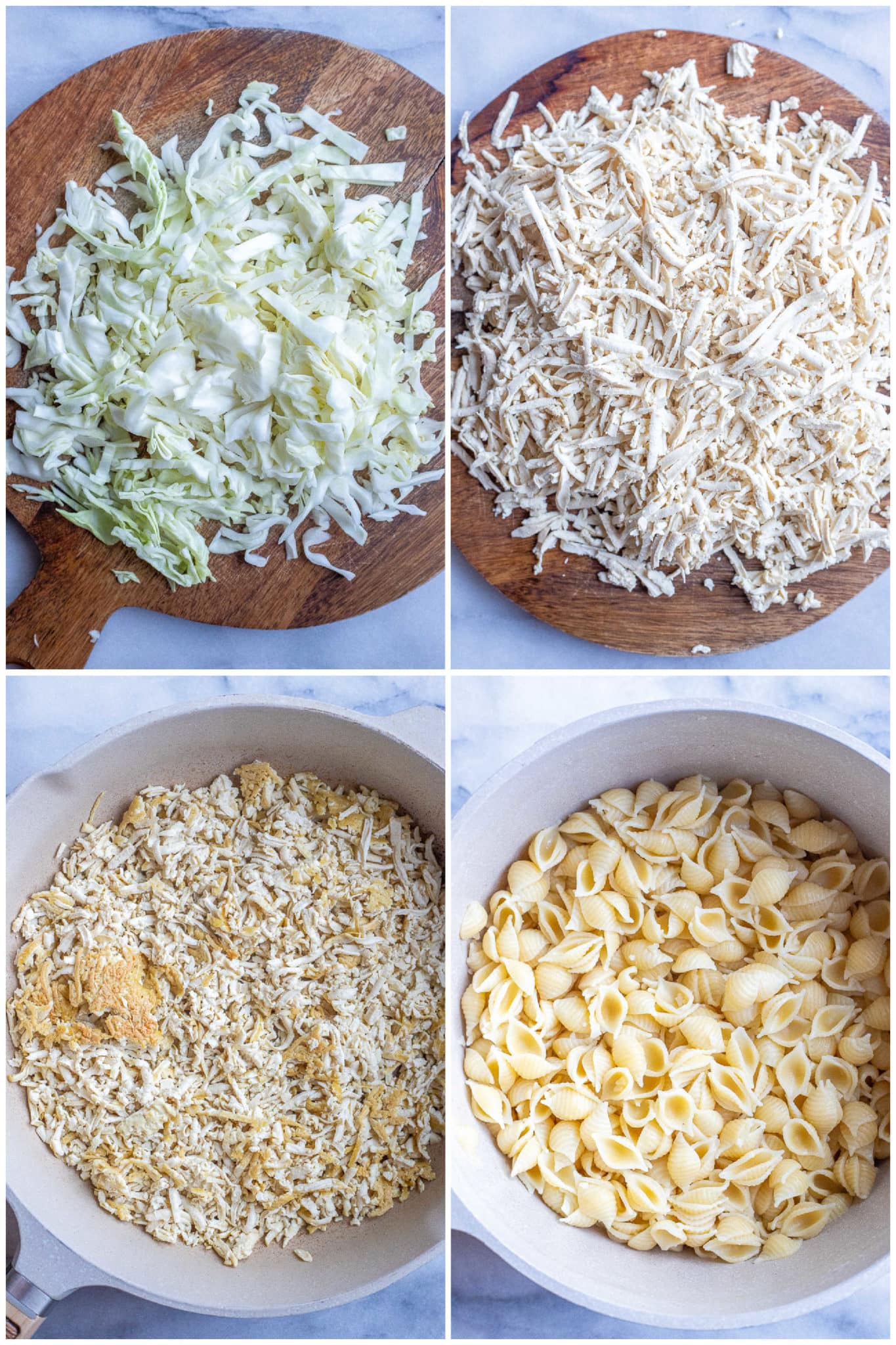showing how to prepare the cabbage, grated tofu and pasta