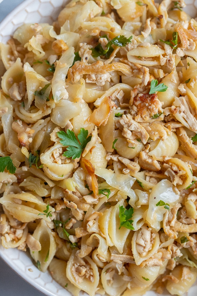 close up of cabbage and noodles with tofu topped with fresh herbs