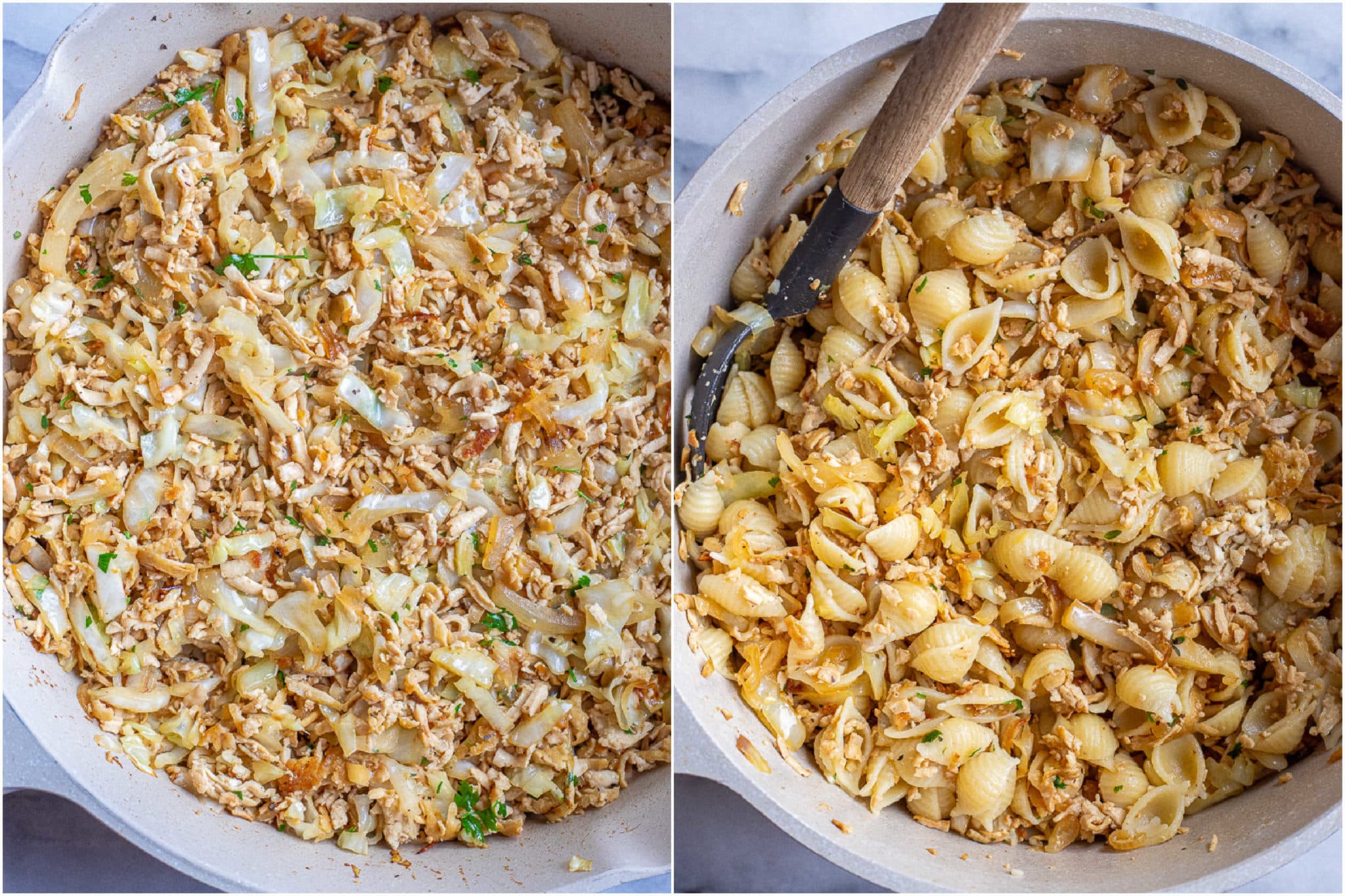 caramelized cabbage and crispy grated tofu mixed in with the noodles for this easy vegan dinner