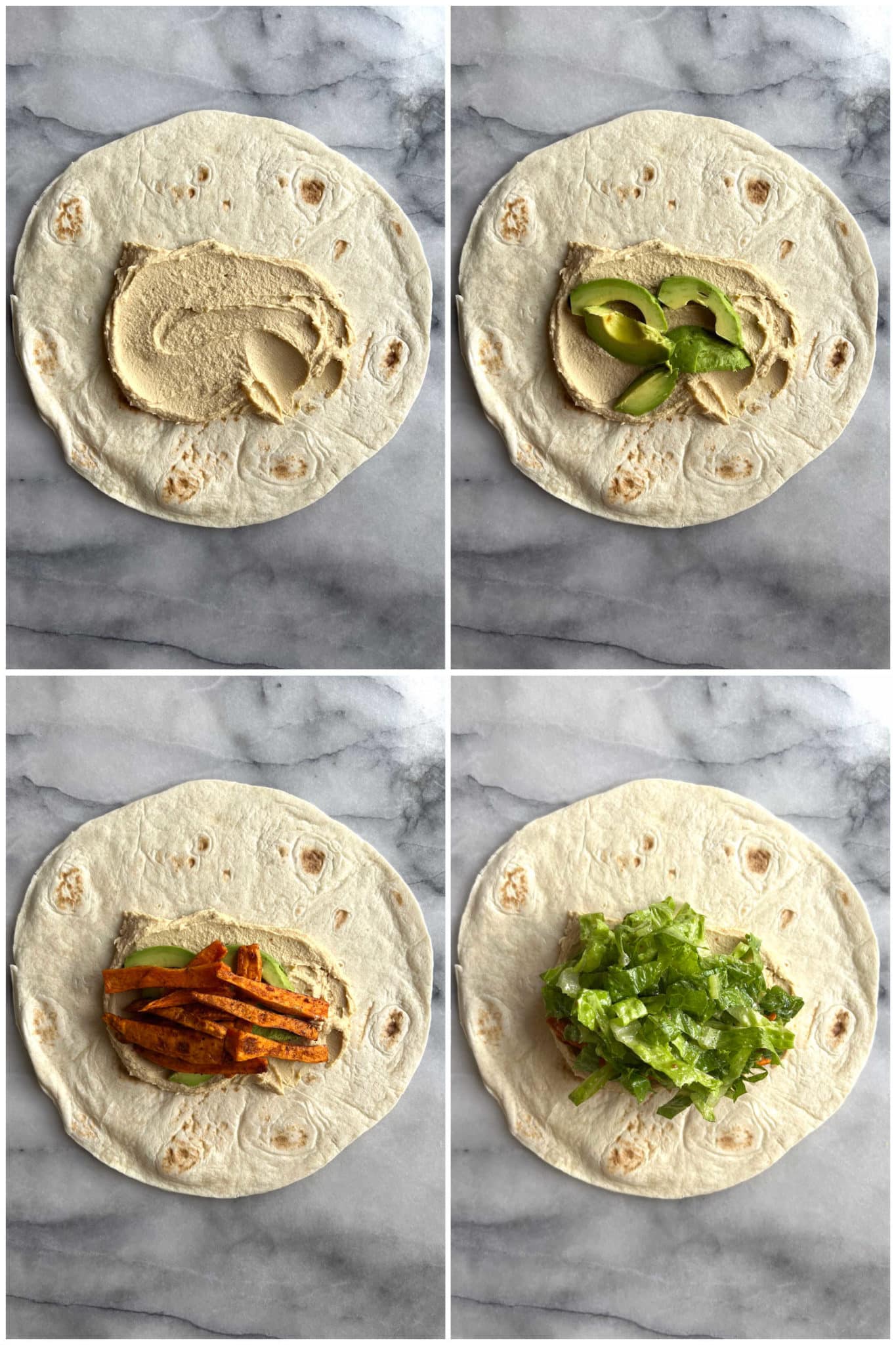 showing how to make a roasted sweet potato hummus wrap with honey mustard dressing