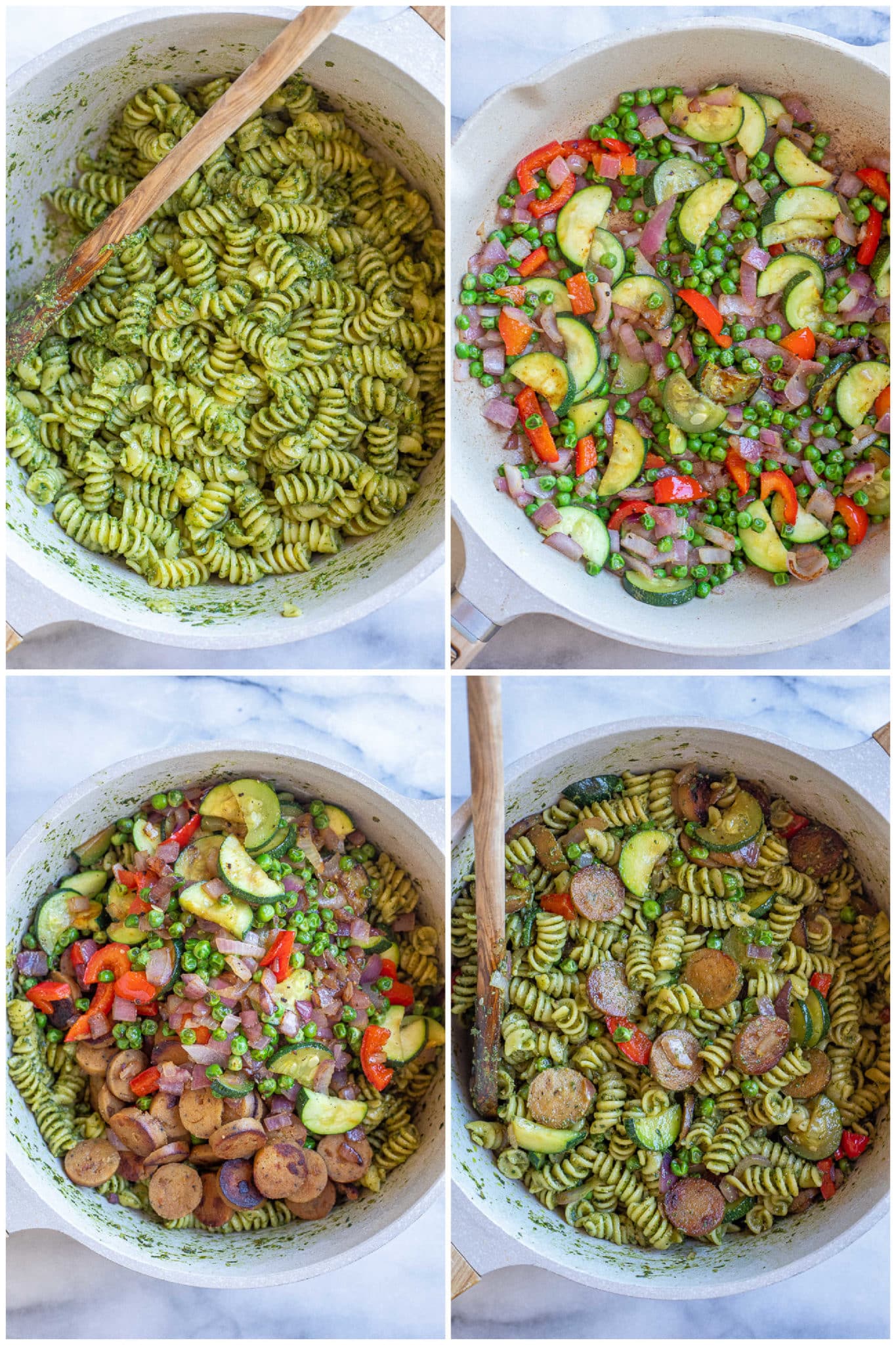 showing how to make pesto pasta with crispy sausage and summer vegetables