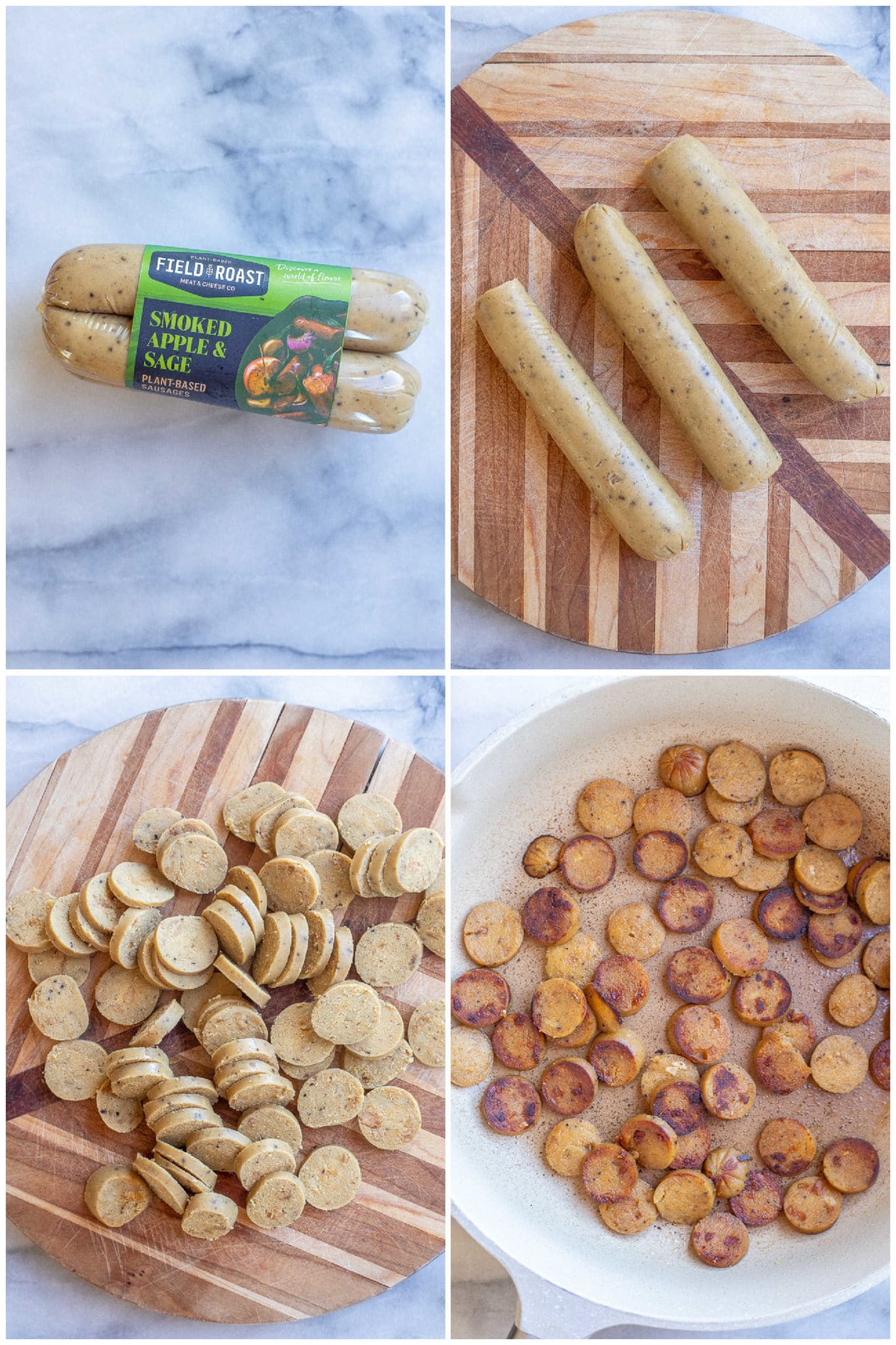 showing how to prepare crispy sausage by slicing it thinly and browning it in a pan.