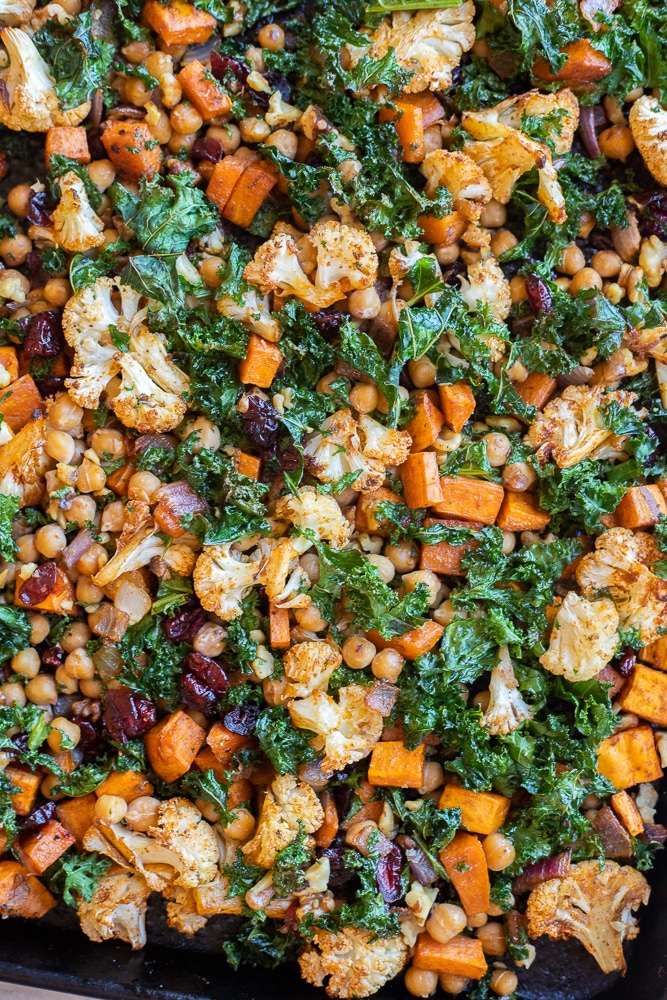 close up of the roasted veggies on a sheet pan