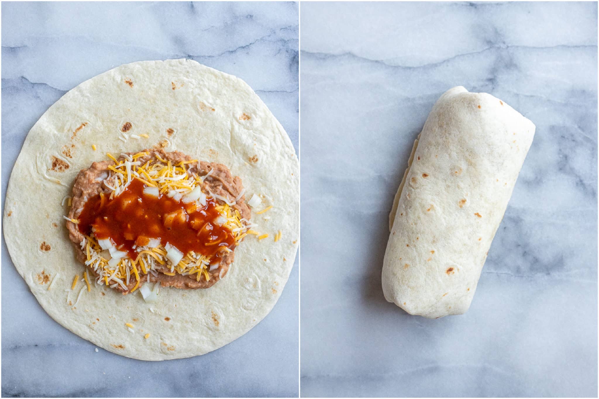 showing how to wrap a bean and cheese burrito with taco sauce inside