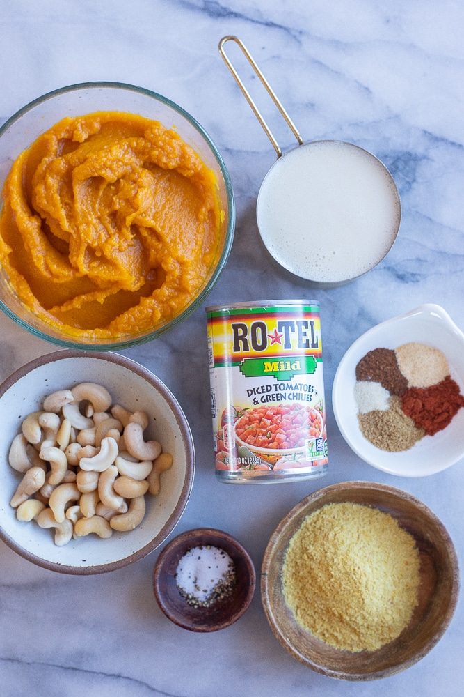all the recipe ingredients needed to make this vegan pumpkin queso dip