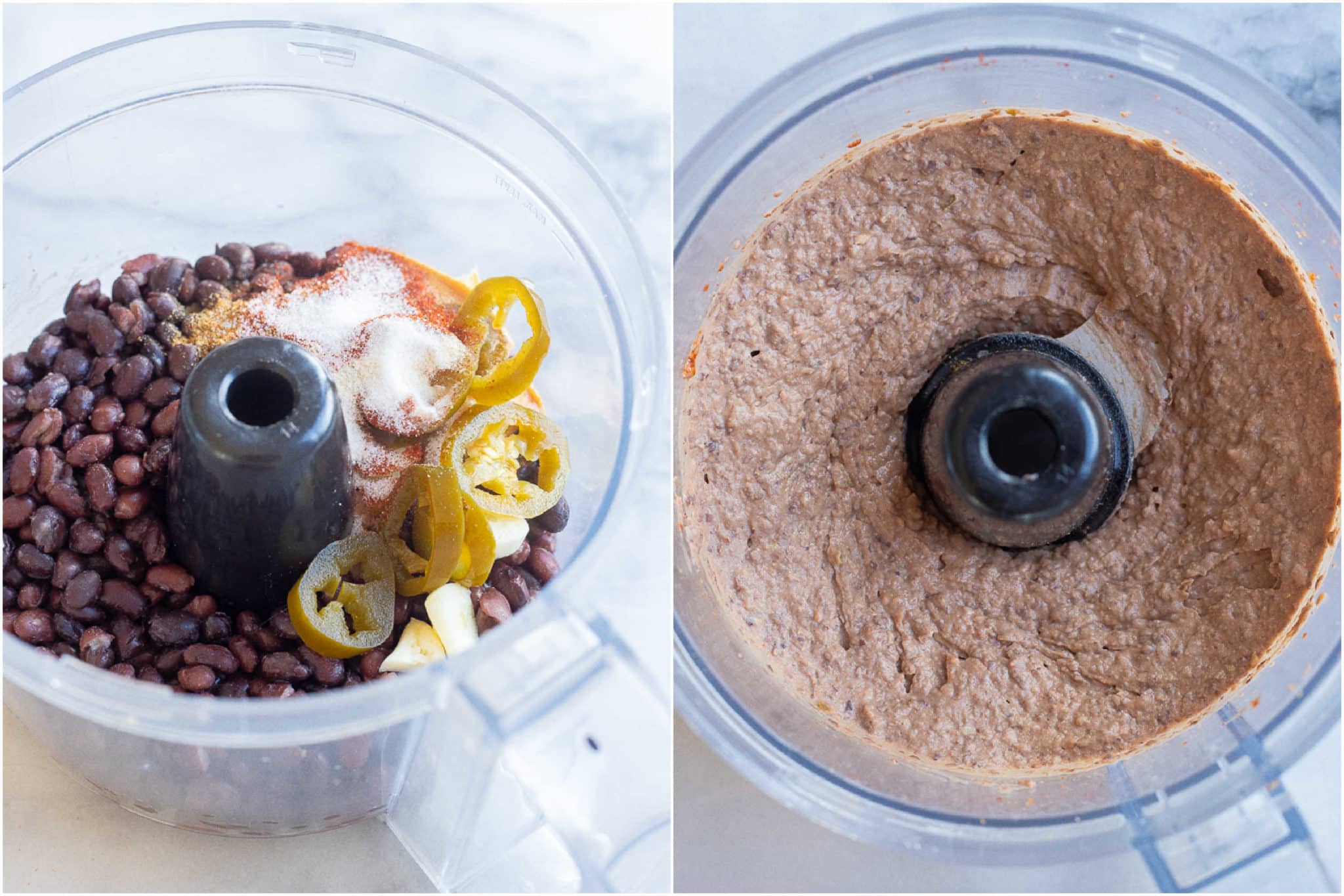 showing how to make black bean hummus using a food processor and pickled jalapenos
