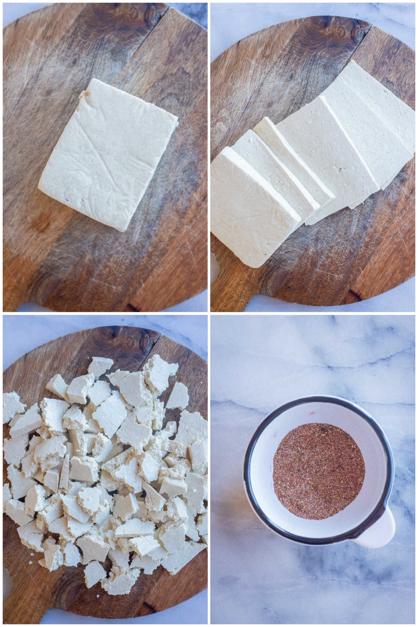 showing how to prepare the tofu and the blackening seasoning for these tofu tacos