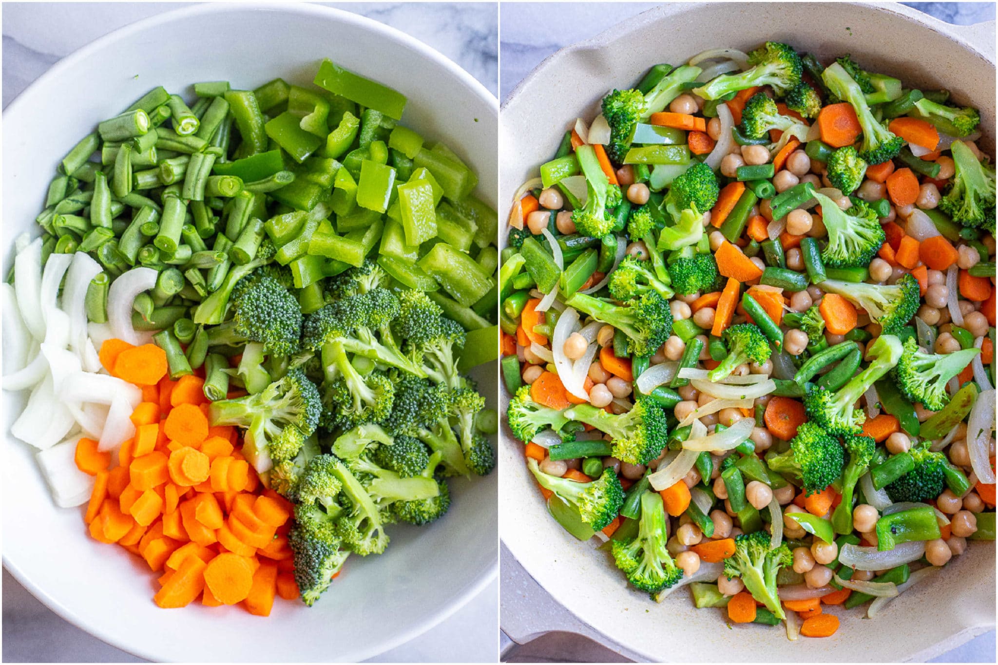 vegetables chopped up in a bowl and in a frying pan with chickpeas