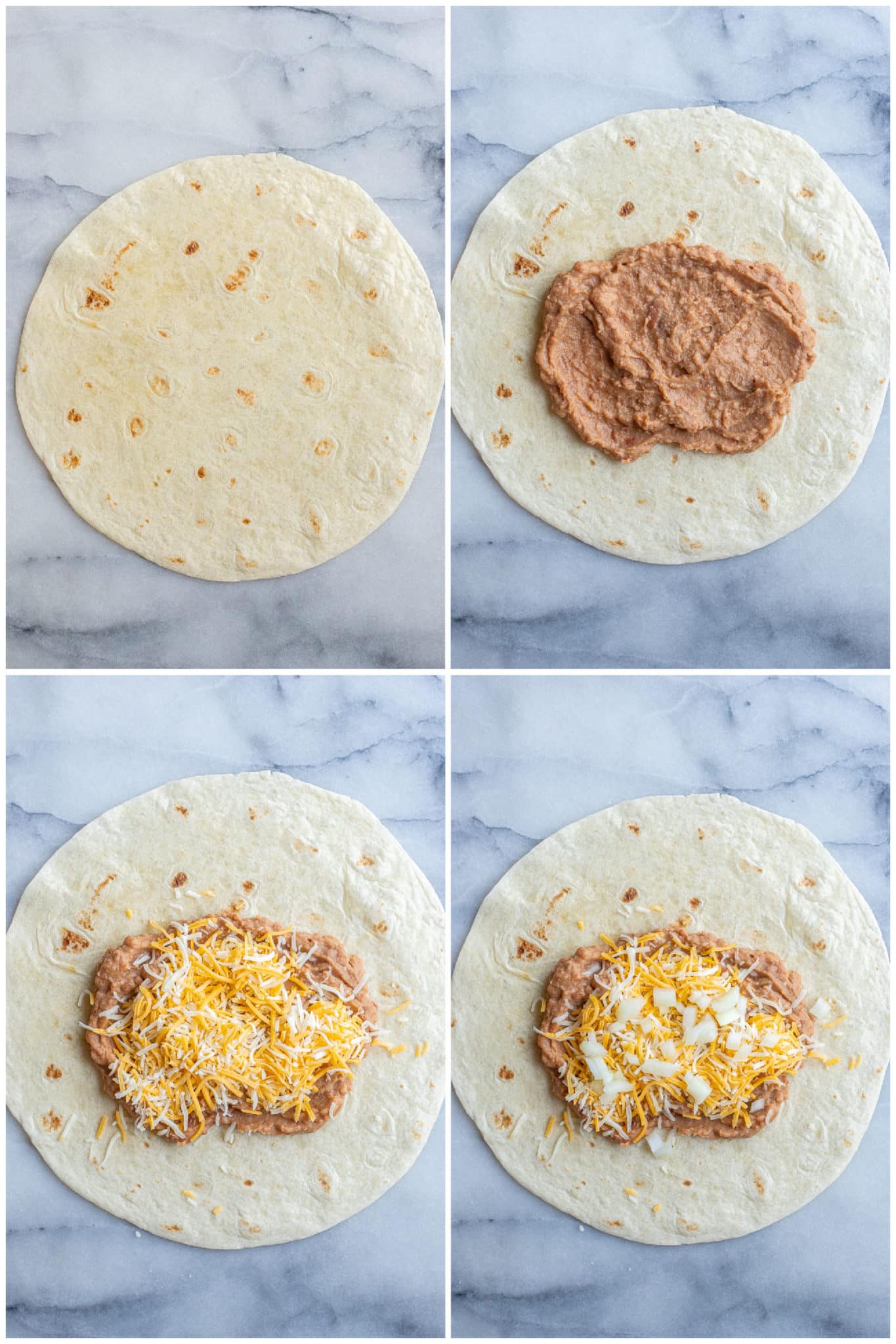showing how to prepare a Taco Bell bean burrito with tortillas, beans an cheese