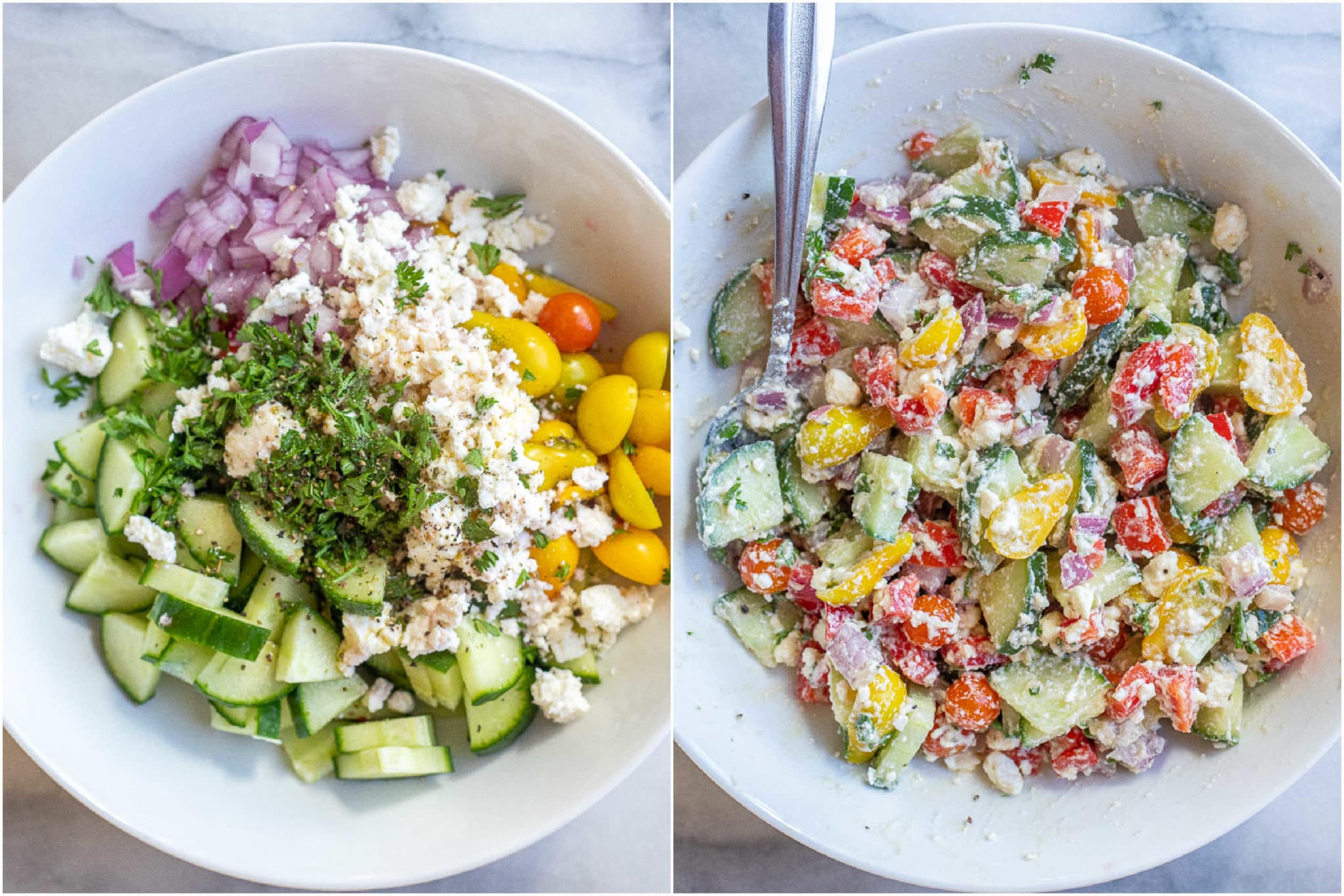showing how to make this creamy feta and veggie salad to go into the warm pitas