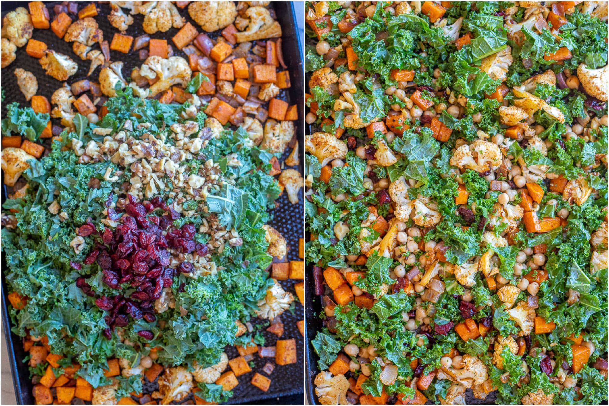 showing how to prepare a vegetarian sheet pan meal with kale, sweet potato and cauliflower