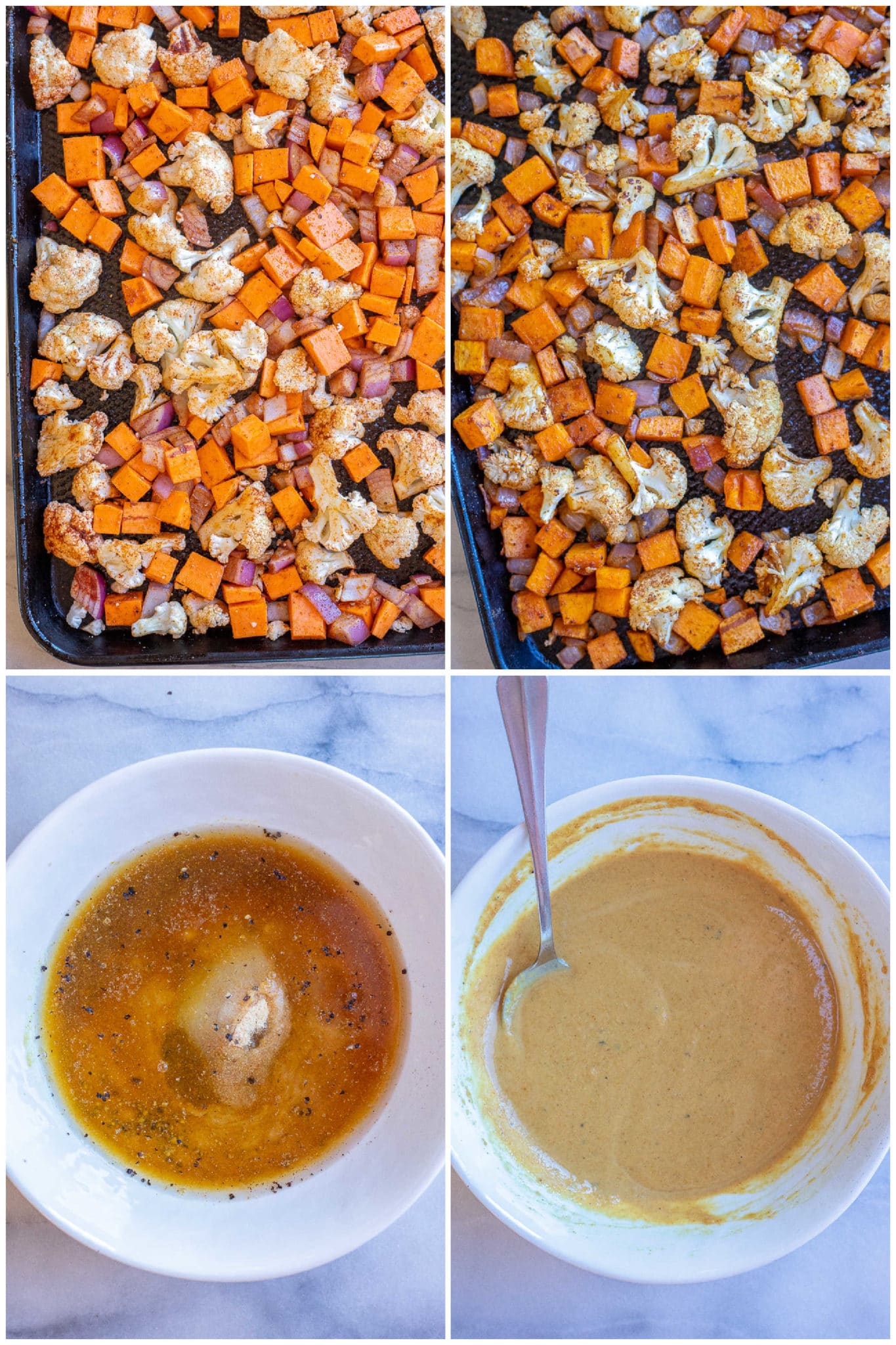showing how to make roasted cauliflower and sweet potato, as well as the curry tahini sauce
