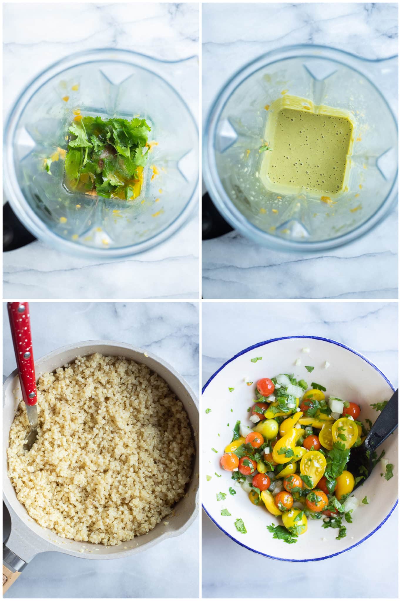 showing how to make green Chile tahini sauce and quinoa for these hearty buddha bowls